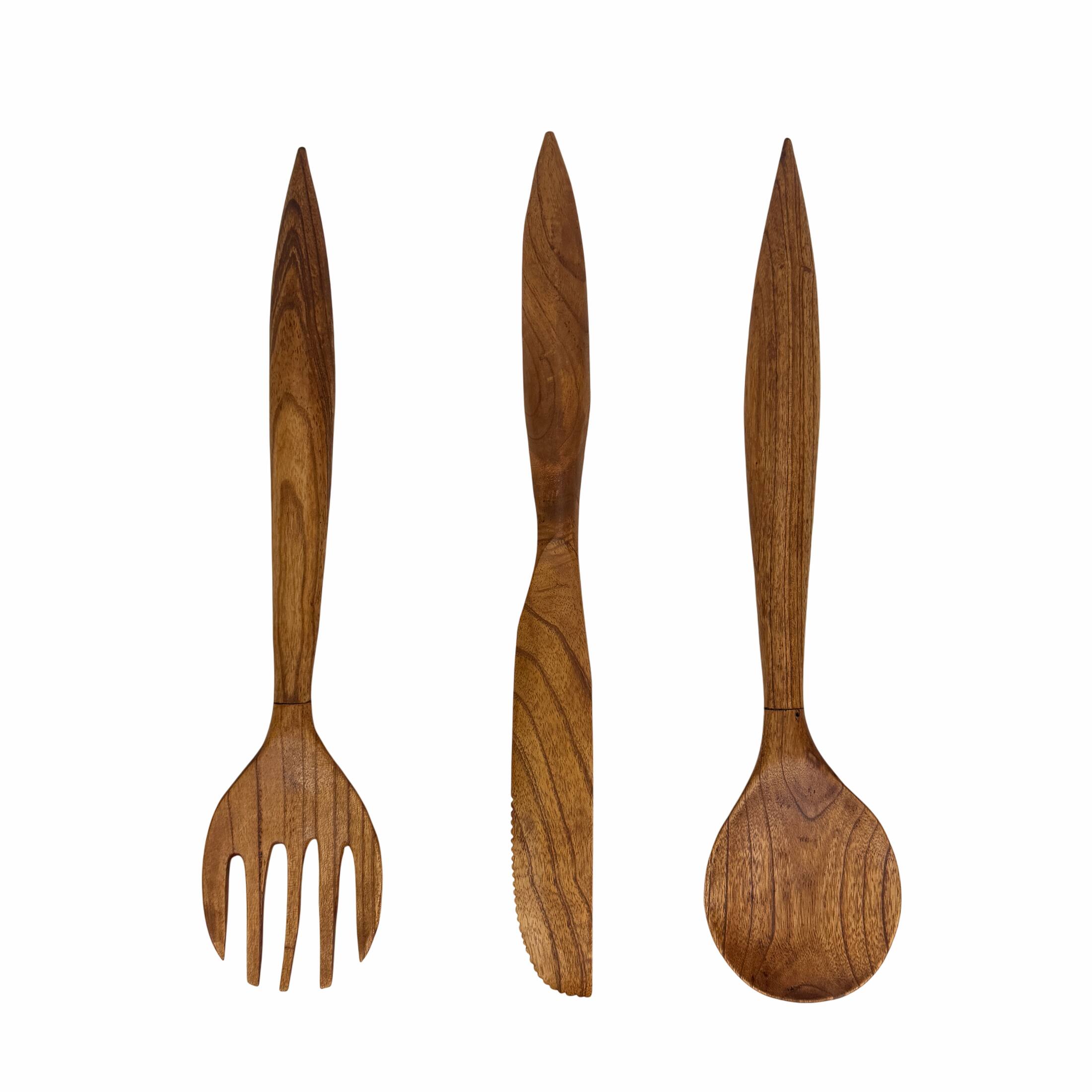 Front. Zeckos - Oversized Wooden Cutlery Wall Art Set Spoon Fork Knife 24 Inch Kitchen Decor - Natural.