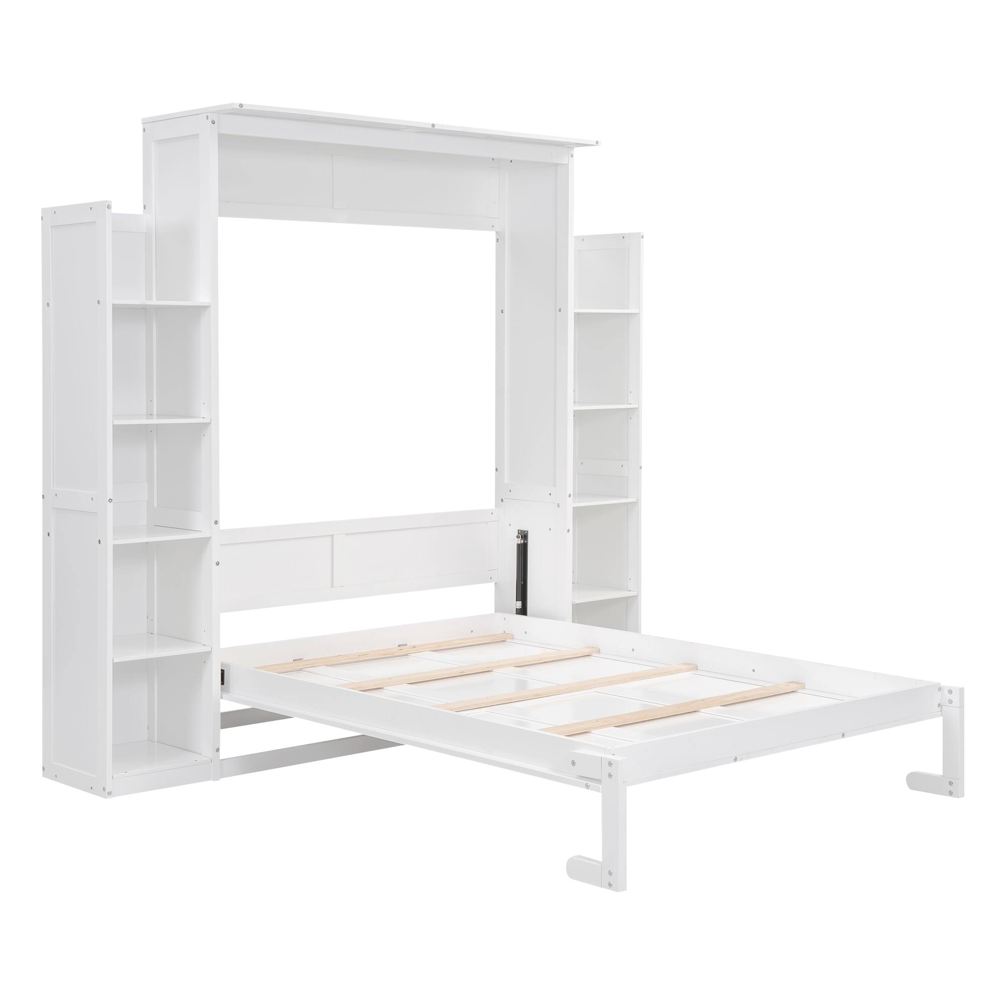 Alt View 2. Tiramisubest - Full Size White Murphy Bed with Shelves & LED Lights, Solid Wood+MDF, Space-Saving - White.