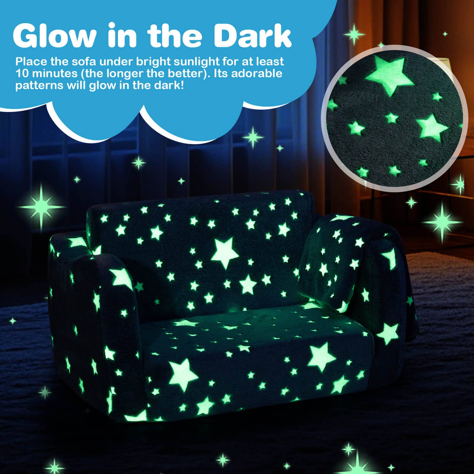 Glow in the Dark

Place the sofa under bright sunlight for at least 10 minutes (the longer the better). Its adorable patterns will glow in the dark!