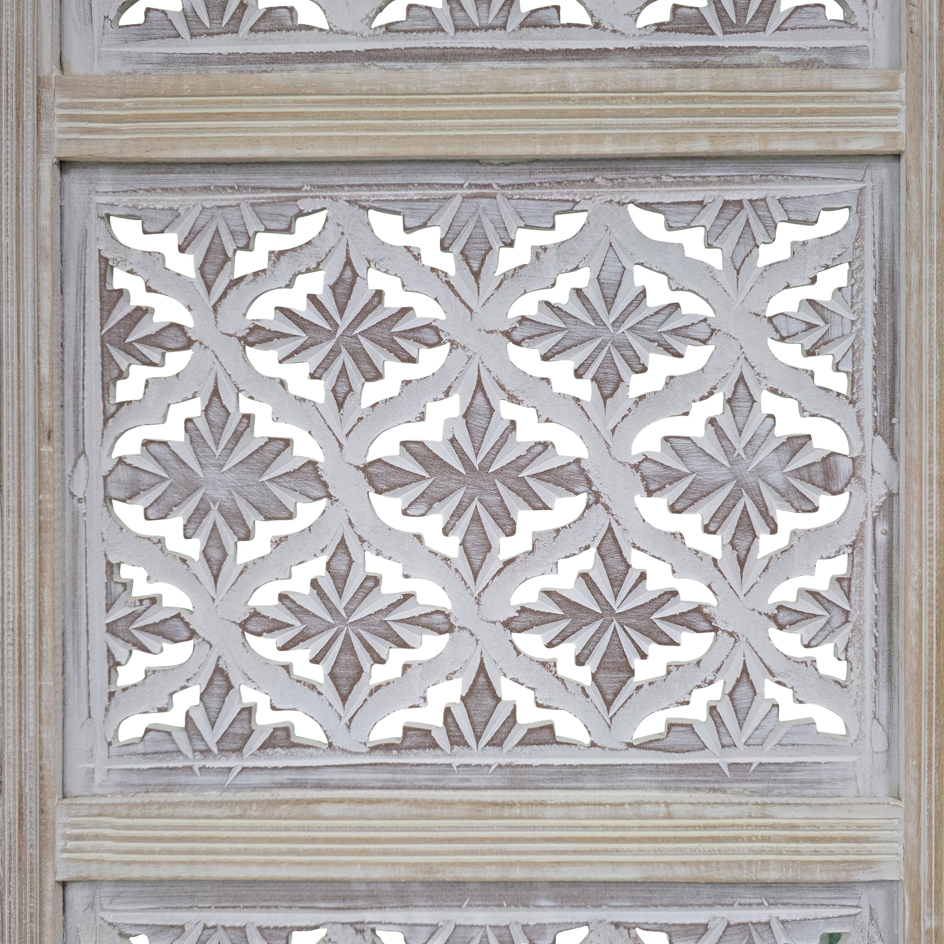 Alt View 2. Manhattan Lane - Taj 4 Panel Folding Room Divider Screen, Antique White Mango Wood, Floral Carved Design - White.