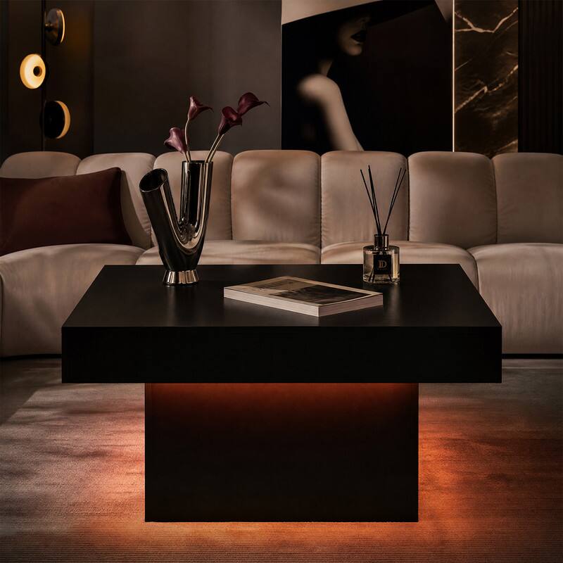 Alt View 4. WELLFOR - 35.5" Square Coffee Table with LED Lights and Dynamic Modes, Modern Thick Tabletop Wooden Center Table - Black.