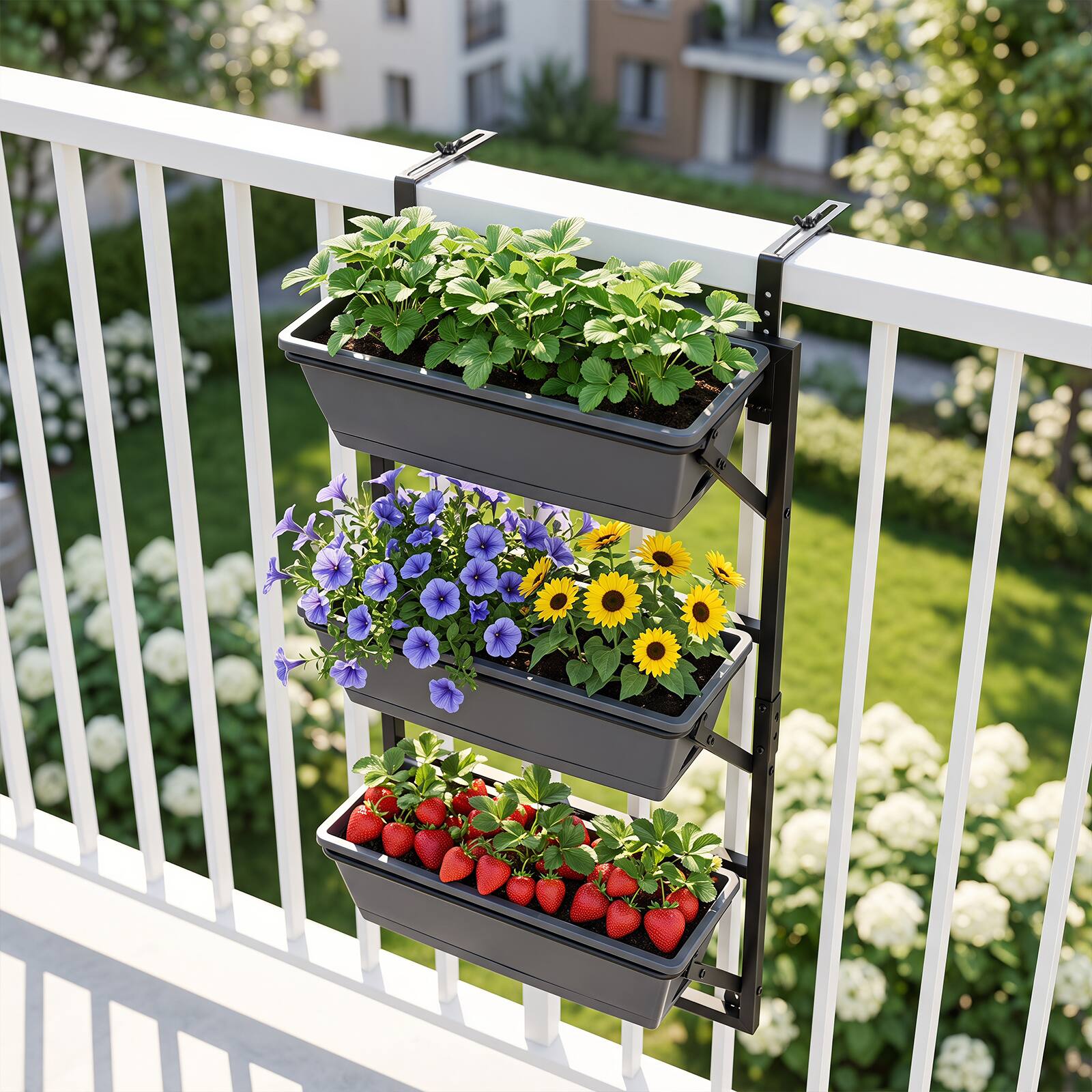 Alt View 1. Costway - Costway Deck Railing Planter Boxes with Adjustable Brackets 3-Tier Outdoor Hanging Planter - Black.
