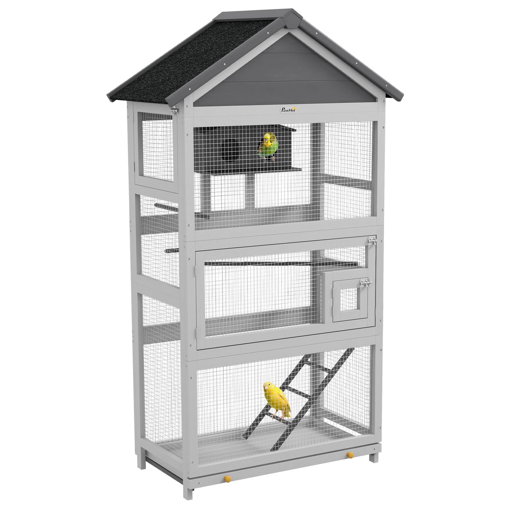 Front. Pawhut - Wooden Bird Aviary, 67" Outdoor Bird Cage with Slide-Out Tray, Three Doors, Birdhouse, Ladder, Perches.