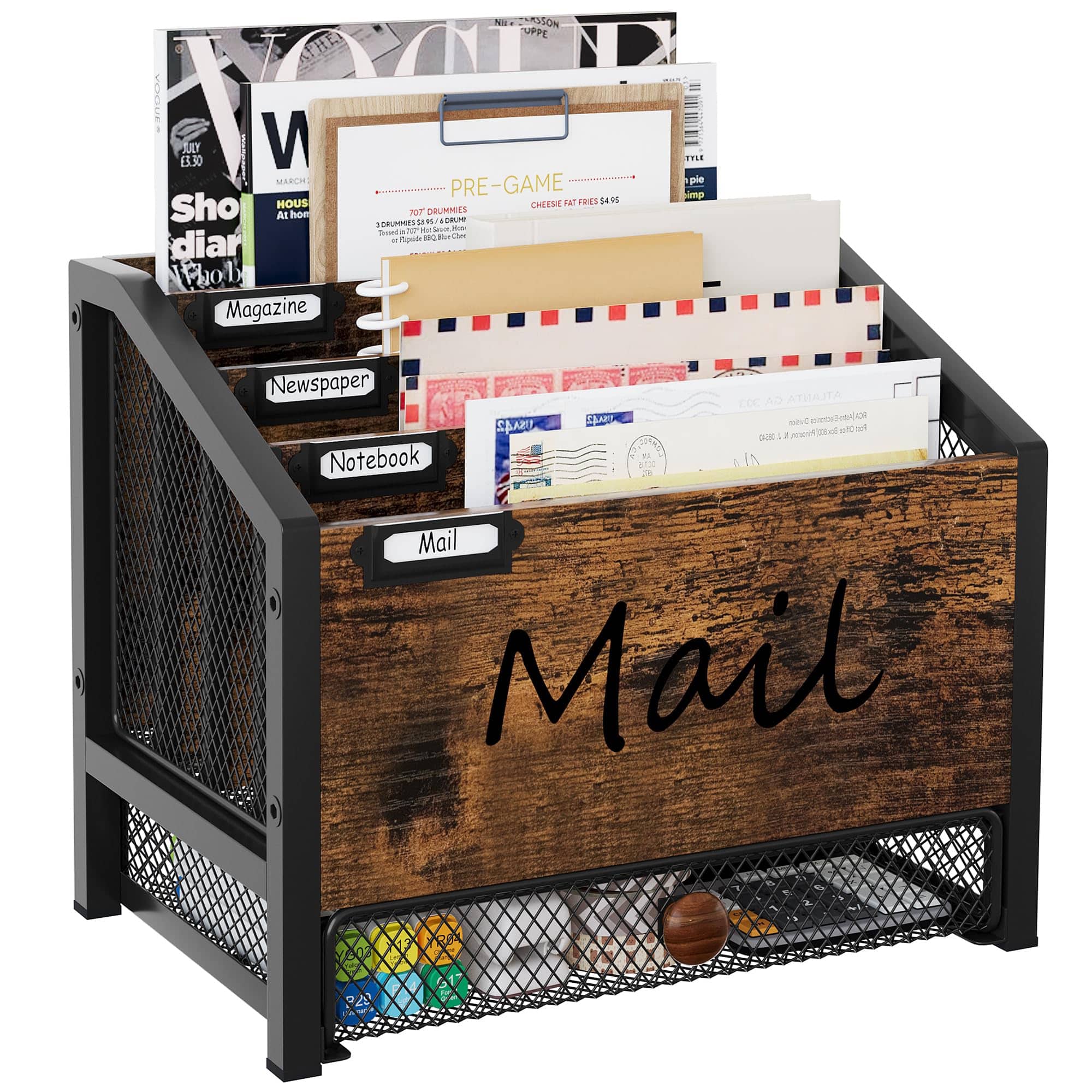 Paradigms Interiors - Mail Organizer - 4 Slots Wooden Desk With Mesh Drawer Countertop Receipt Business Card Holder Vertical File - Default