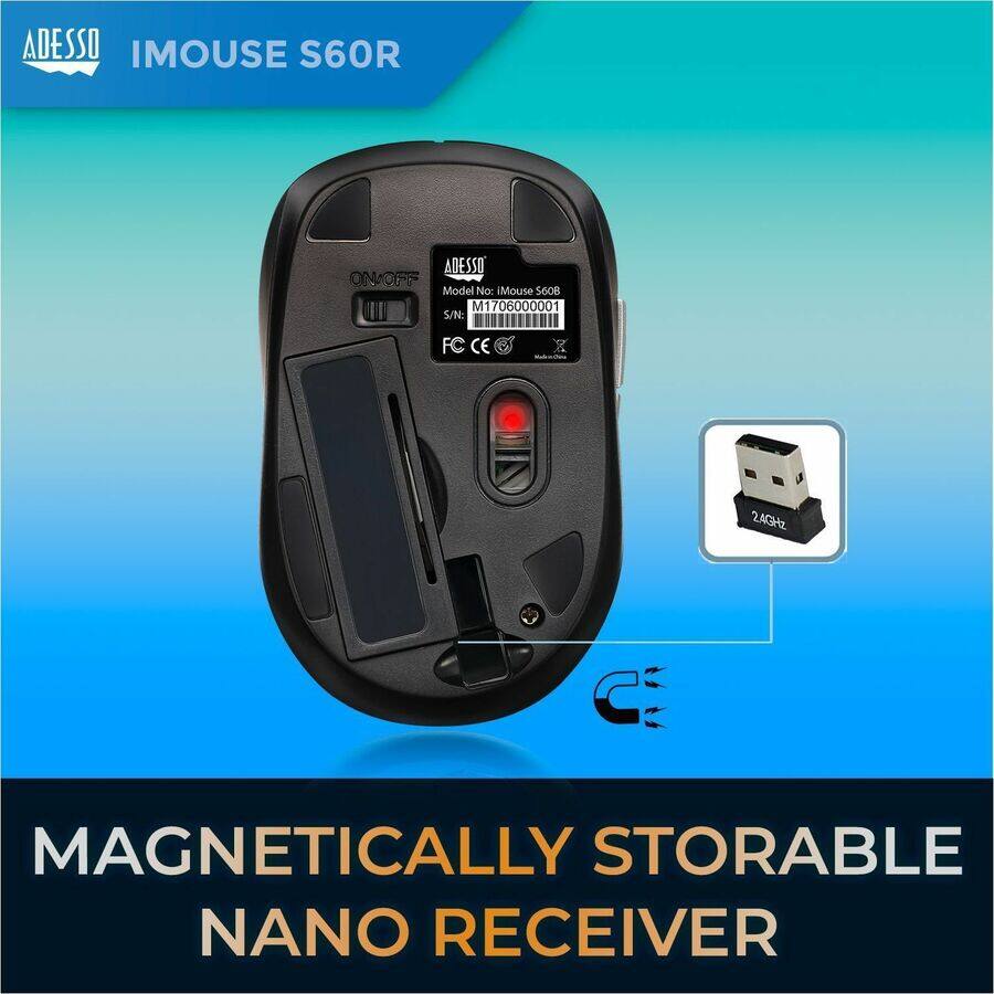 ADESSO  
IMOUSE S60R  

Model No: iMouse 5608  
M1706000001  
S/N: FC CE 24GH  

MAGNETICALLY STORABLE NANO RECEIVER