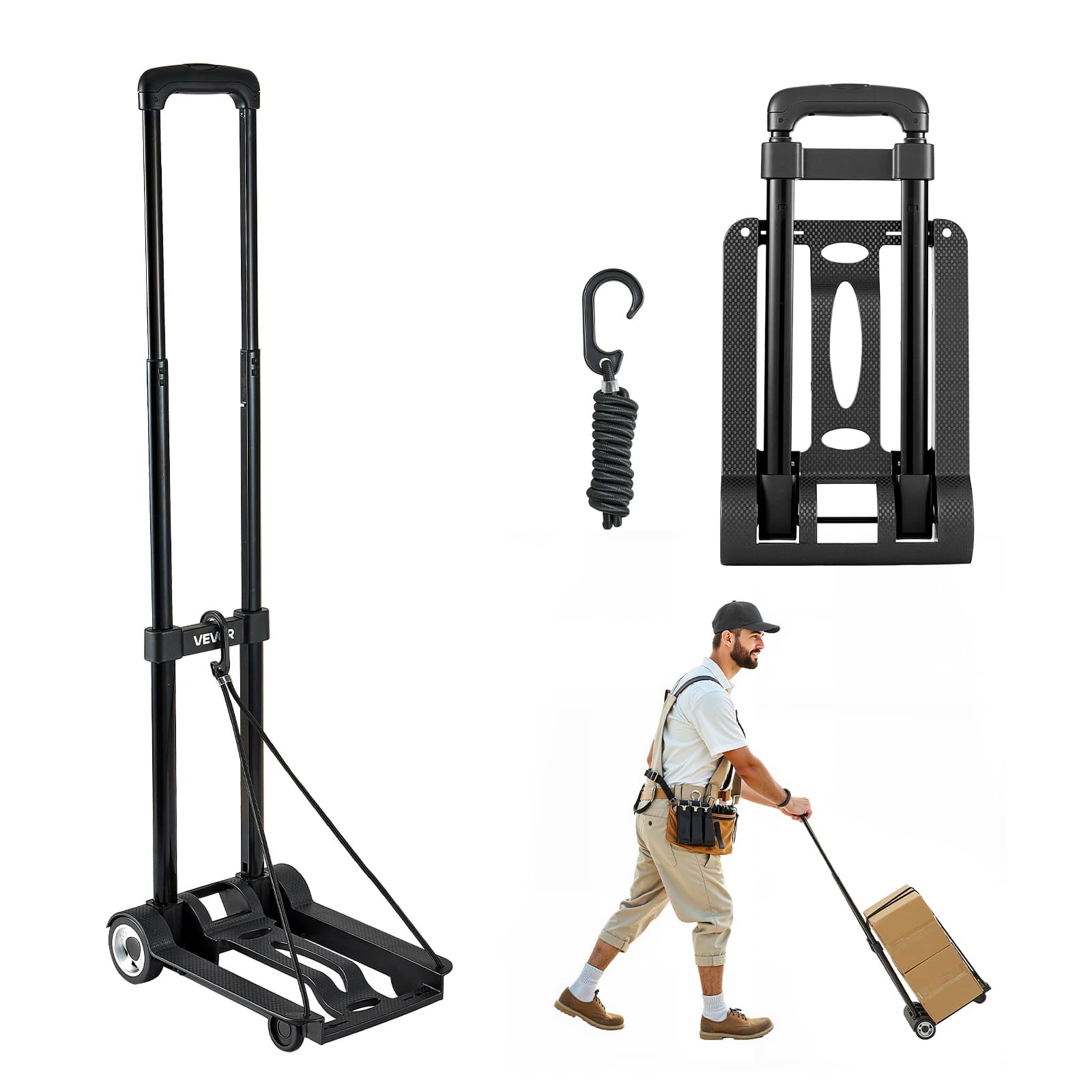 VEVOR - Folding Hand Truck,110lbs Load Capacity,Collapsible Luggage Cart with 2Wheels&1 Elastic Rope,Utility Dolly Platform Cart - Black