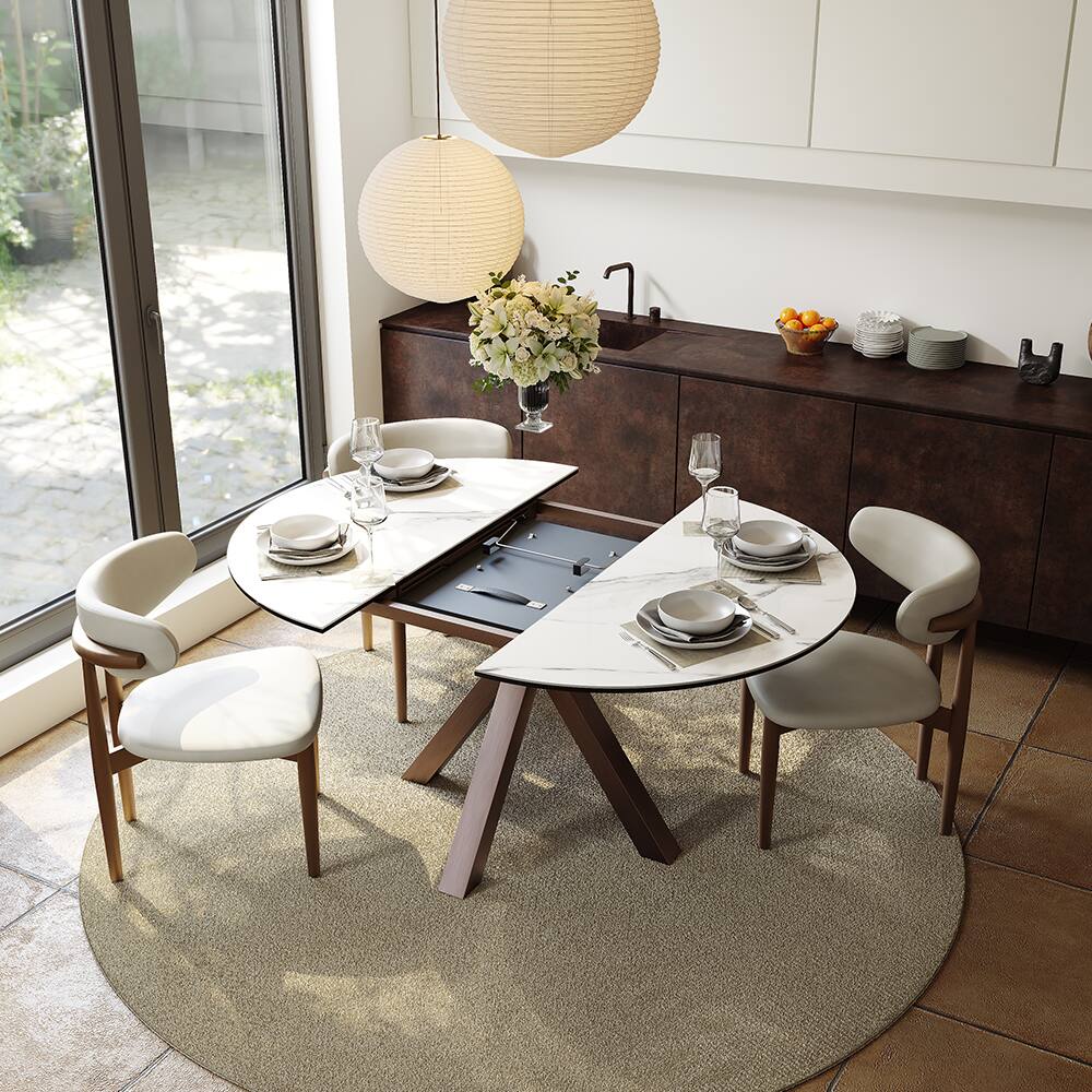 Left. POVISON - 47"-63"Round Extendable Dining Table for 4-6, White Glossy Sintered Stone & Glass Top, Bronze Steel Base - White.