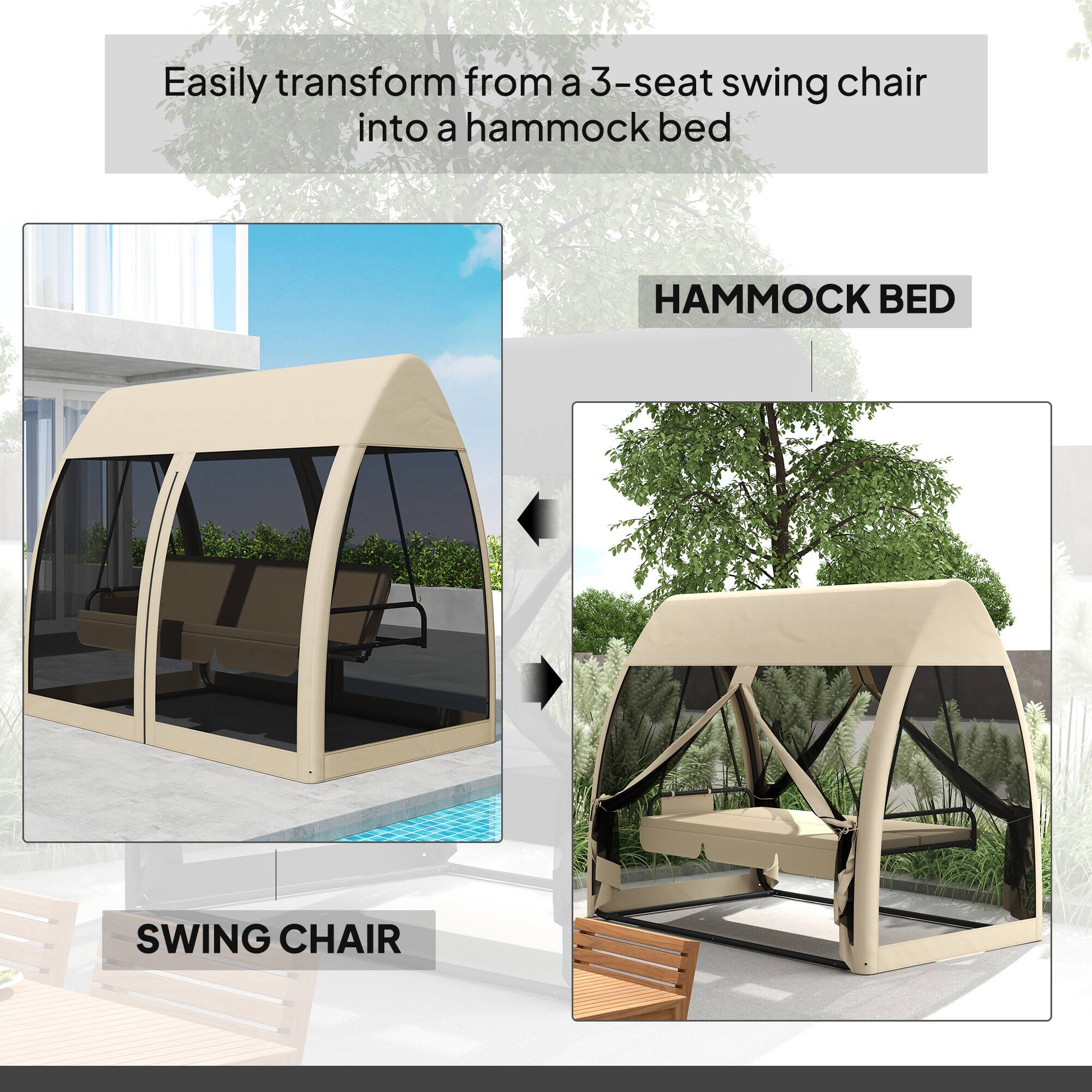 Easily transform from a 3-seat swing chair into a hammock bed

HAMMOCK BED

SWING CHAIR