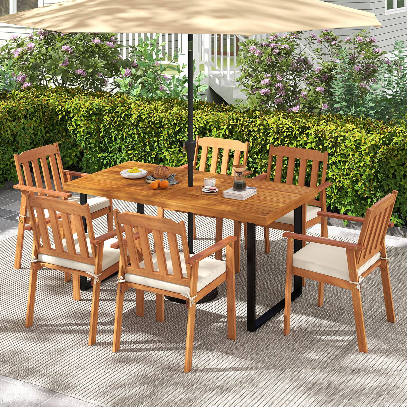 Alt View 3. Costway - Costway 7PCS Patio Dining Table Set, 63" Table & 6 Acacia Wood Armchairs with Umbrella Hole - Natural,Black.