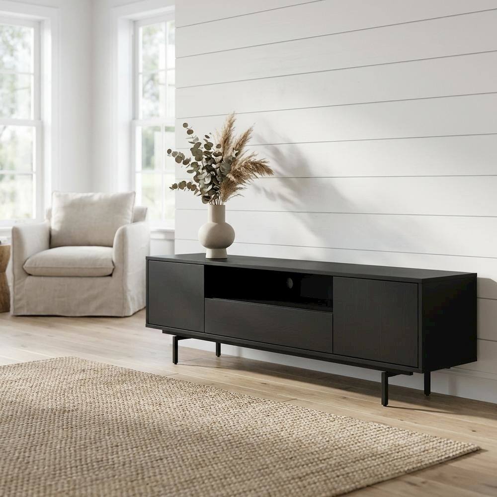 Angle. FurniFact - Black Laminate TV Console with 3 Doors and Modern Design - Black.