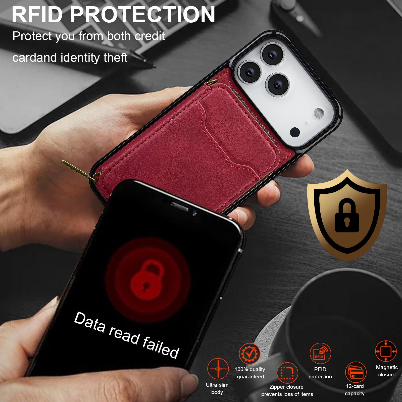 RFID PROTECTION  
Protect you from both credit card and identity theft  

Data read failed  

100% quality guaranteed protection  
Ultra-slim closure  
Zipper body prevents loss of items  
Magnetic closure  
12-card capacity  

RFID PROTECTION  
Protect you from both credit card and identity theft
