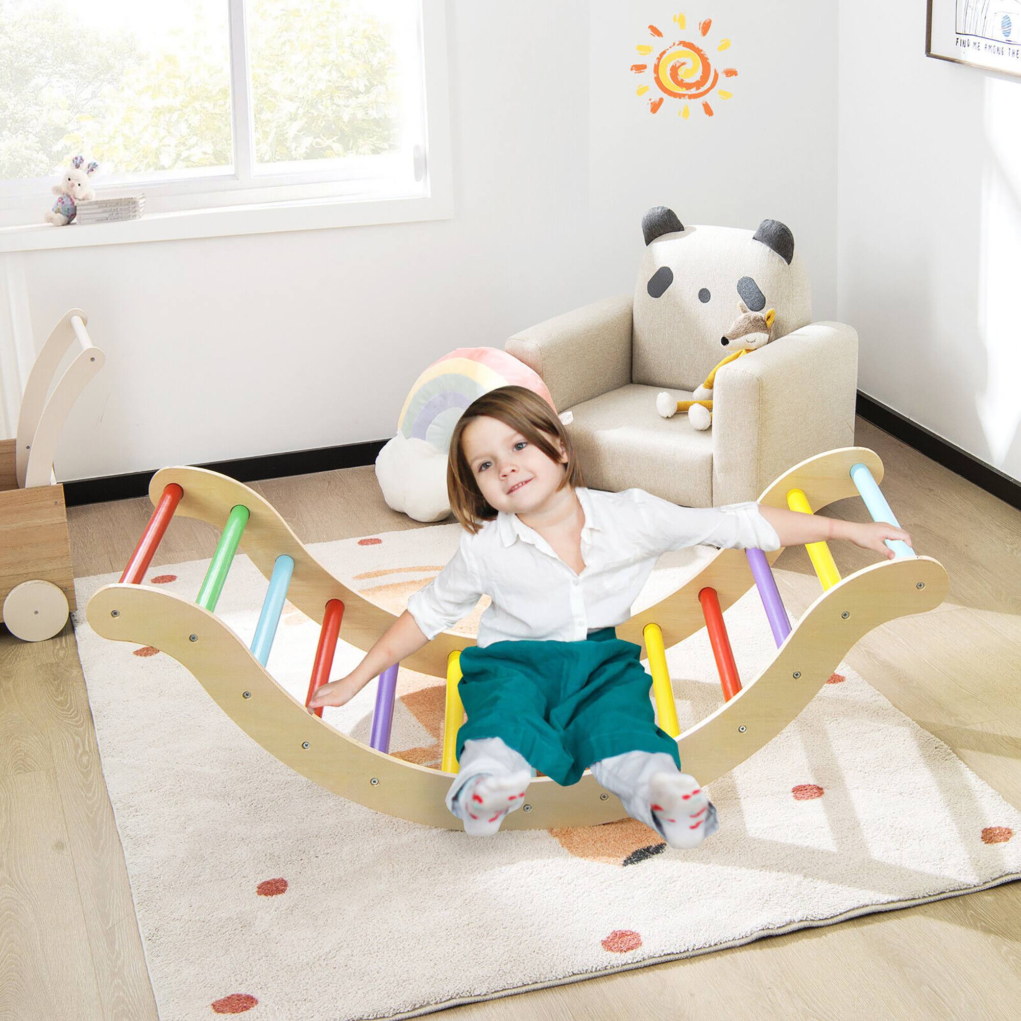 Alt View 4. Gymax - Gymax 3-in-1 Kids Climber Set Wooden Arch Triangle Rocker w/ Blue & Ramp Mat - Other.
