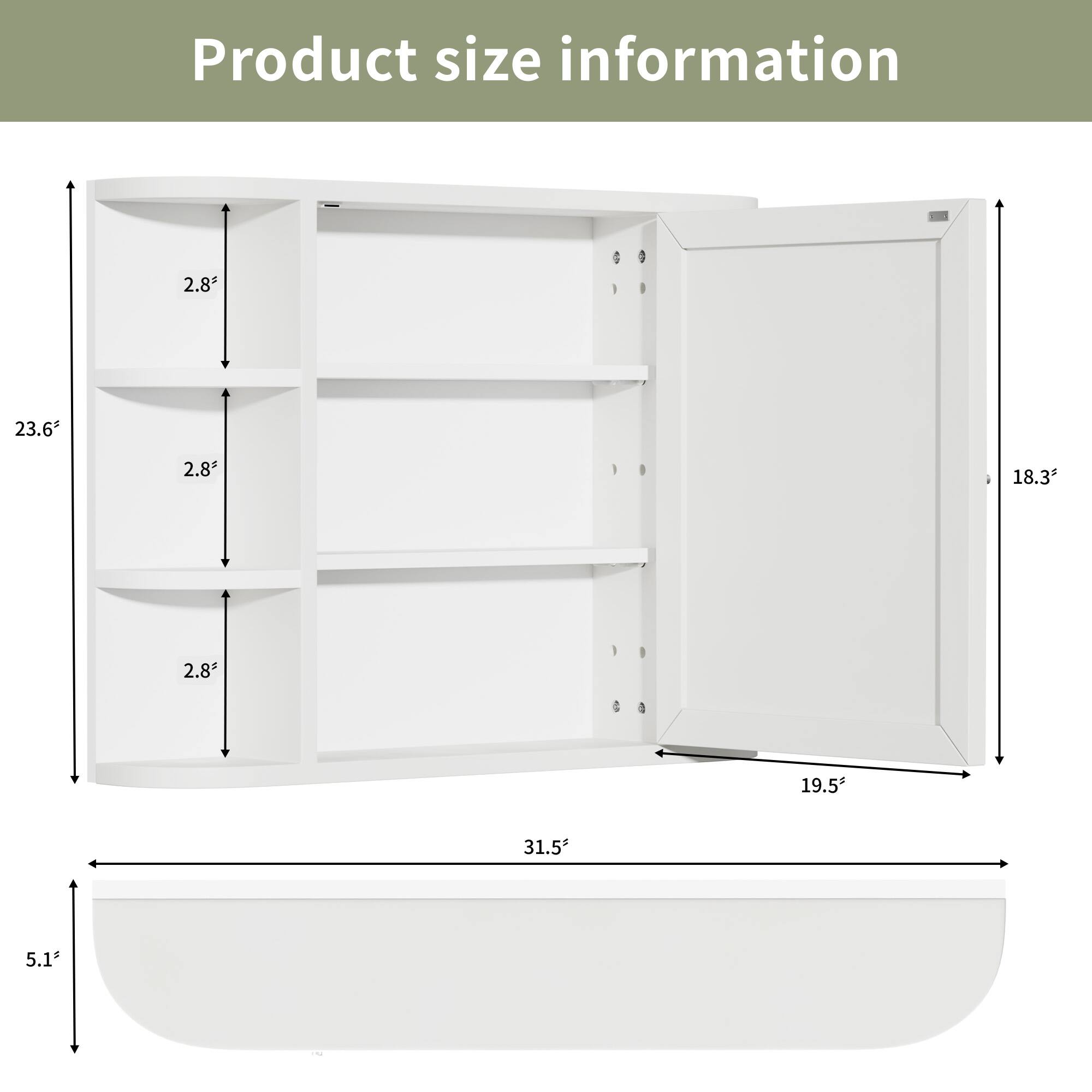 Product size information

- Height: 23.6"
- Shelf depth: 2.8"
- Number of shelves: 3
- Overall width: 31.5"
- Overall height: 18.3"
- Overall depth: 19.5"
- Drawer height: 5.1"