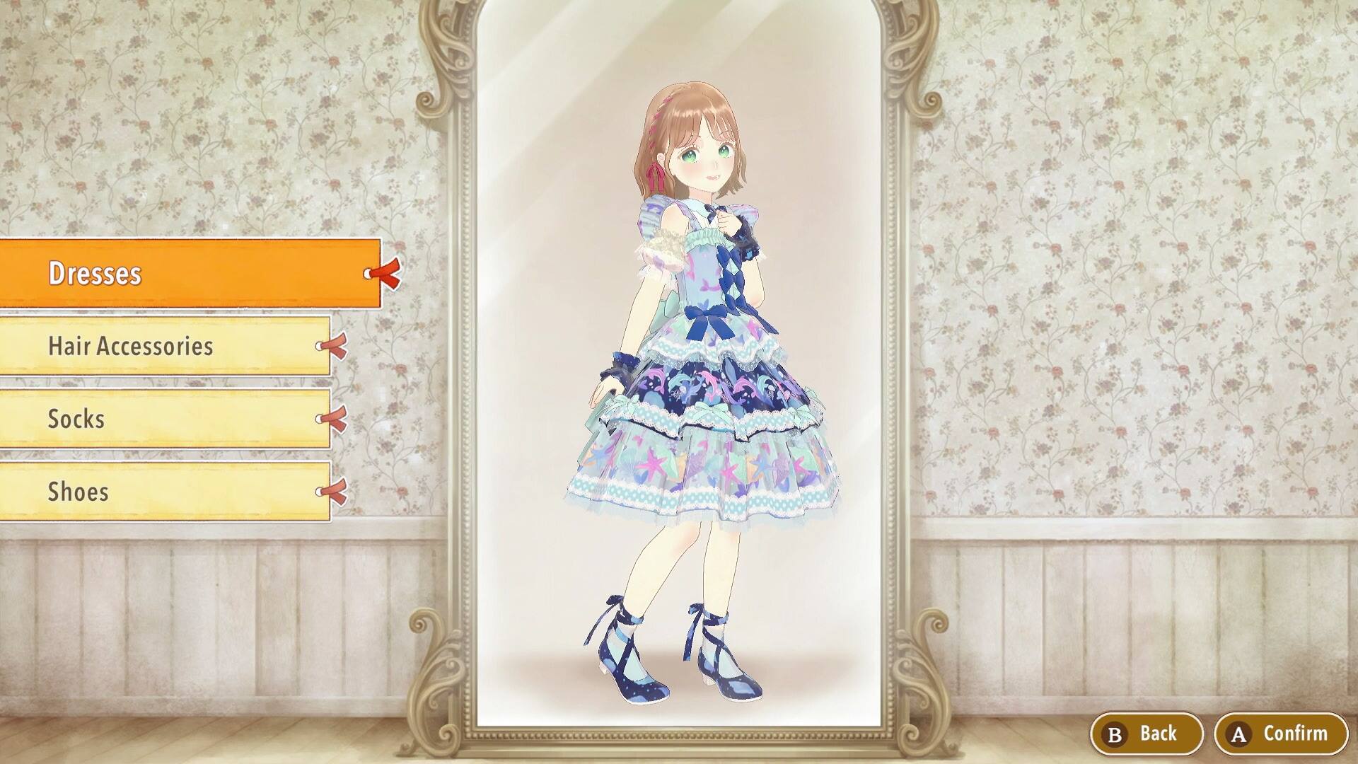 Dresses  
Hair Accessories  
Socks  
Shoes  

B Back  
A Confirm