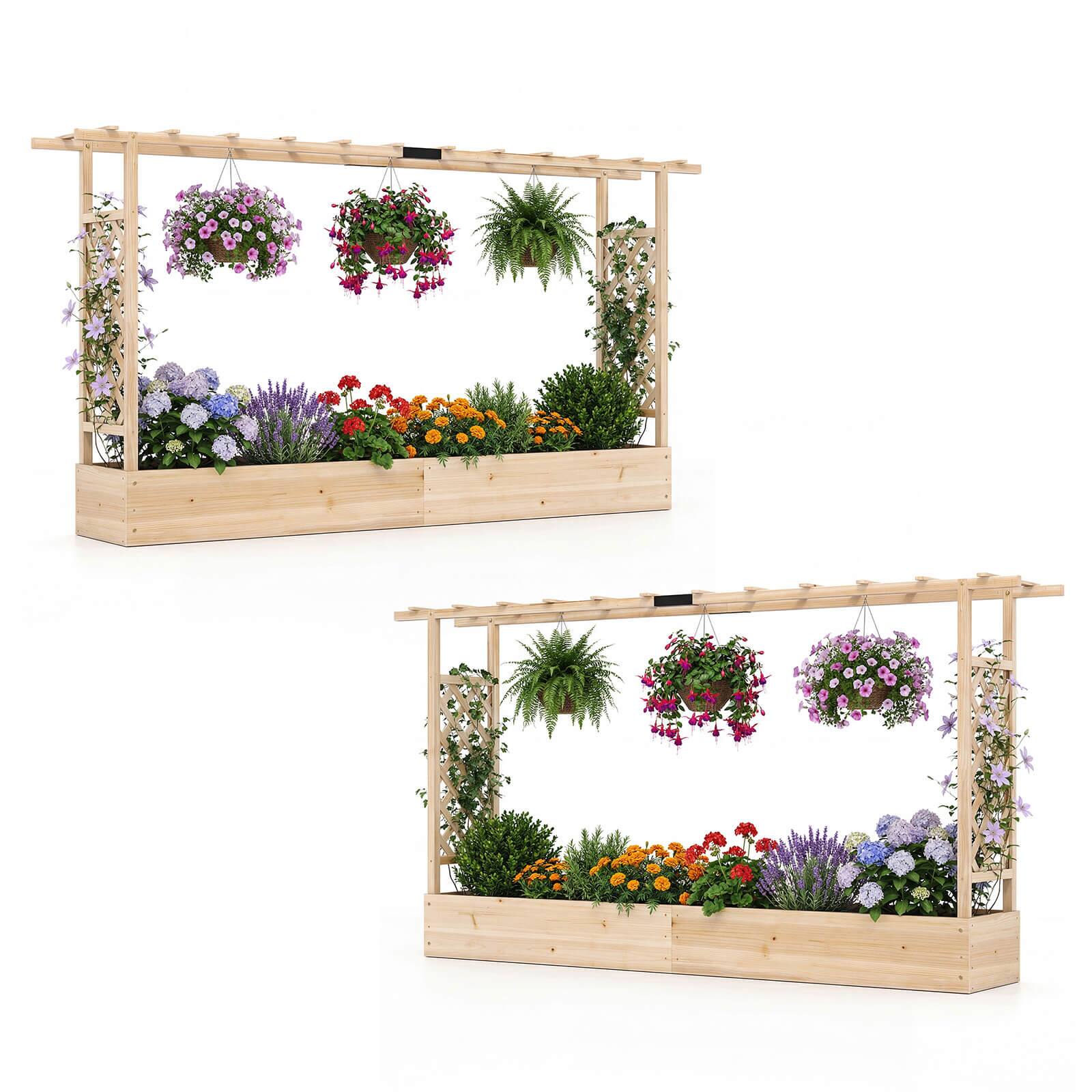 Front. Costway - Costway 2 PCS Wooden Raised Garden Bed with Trellis Hanging Roof Drainage Holes for Flowers - Natural.