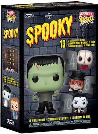 The text on the image can be grouped and corrected as follows:
**Product Name:**
- Funko Pocket Pop! Spooky 13
**Description:**
- 13 Day Countdown Calendar
- 13 Jours de Compte à Rebours
- 13 Días de Conteo Regresivo
- 13 Calendario de Días de Conteo
**Features:**
- 13 Vinyl Figures / 13 Figurines en Vinyle / 13 Figuras de Vinil
**Warning:**
- Choking Hazard: Small parts. Not for children under 3 years.
- Peligro de Asfixia: Piezas pequeñas. No es adecuado para niños menores de 3 años.
- Attention: Danger d'étouffement. Pièces détachées. Non adapté aux enfants de moins de 3 ans.
**Characters:**
- The box shows various characters from the "Pocket Pop! Spooky" series, including Frankenstein, Dracula, and others.
This product is a countdown calendar featuring 13 vinyl figures from the "Pocket Pop! Spooky" series.