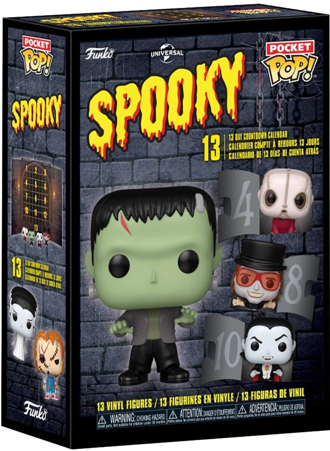 The text on the image can be grouped and corrected as follows:

**Product Name:**
- Funko Pocket Pop! Spooky 13

**Description:**
- 13 Day Countdown Calendar
- 13 Jours de Compte à Rebours
- 13 Días de Conteo Regresivo
- 13 Calendario de Días de Conteo

**Features:**
- 13 Vinyl Figures / 13 Figurines en Vinyle / 13 Figuras de Vinil

**Warning:**
- Choking Hazard: Small parts. Not for children under 3 years.
- Peligro de Asfixia: Piezas pequeñas. No es adecuado para niños menores de 3 años.
- Attention: Danger d'étouffement. Pièces détachées. Non adapté aux enfants de moins de 3 ans.

**Characters:**
- The box shows various characters from the "Pocket Pop! Spooky" series, including Frankenstein, Dracula, and others.

This product is a countdown calendar featuring 13 vinyl figures from the "Pocket Pop! Spooky" series.