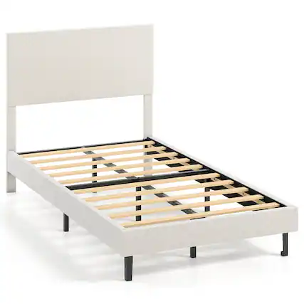 Front. Costway - Costway Twin Size Velvet Bed Frame with Height Adjustable Chevron Headboard,Noise Free - Beige.