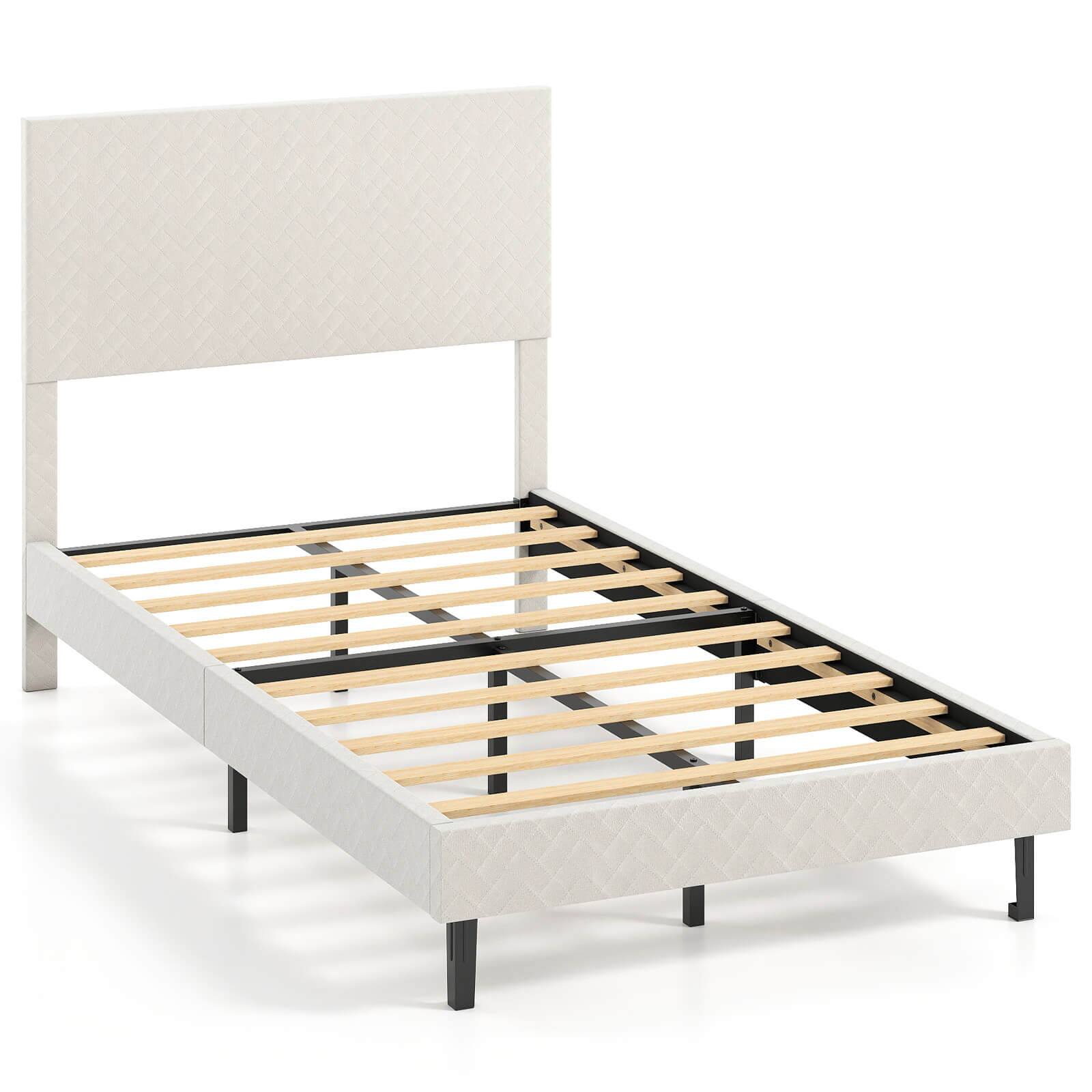Front. Costway - Costway Twin Size Velvet Bed Frame with Height Adjustable Chevron Headboard,Noise Free - Beige.