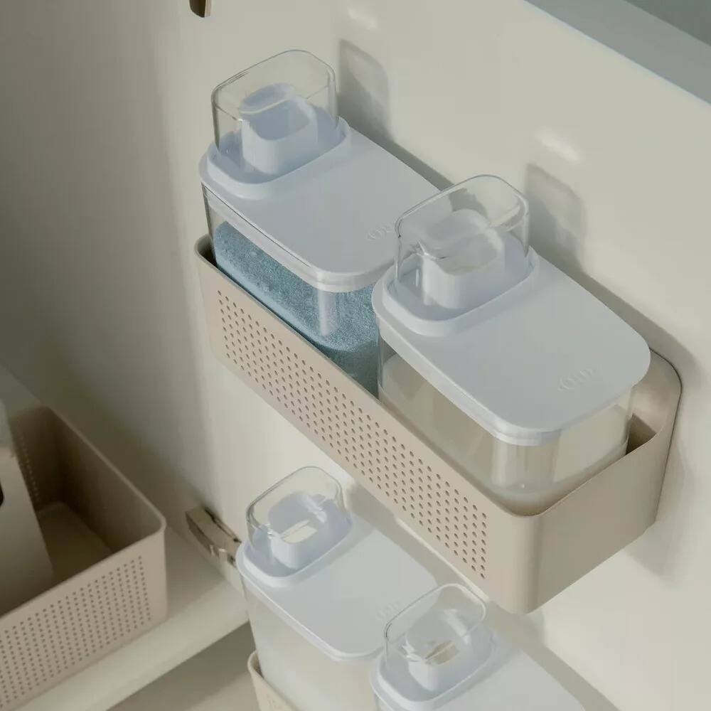Angle. OU - Laundry Detergent Dispenser Set with Wall Rack, 50 oz & 77 oz Soap/Fabric Softener Dispensers with Measuring Cap - Beige.