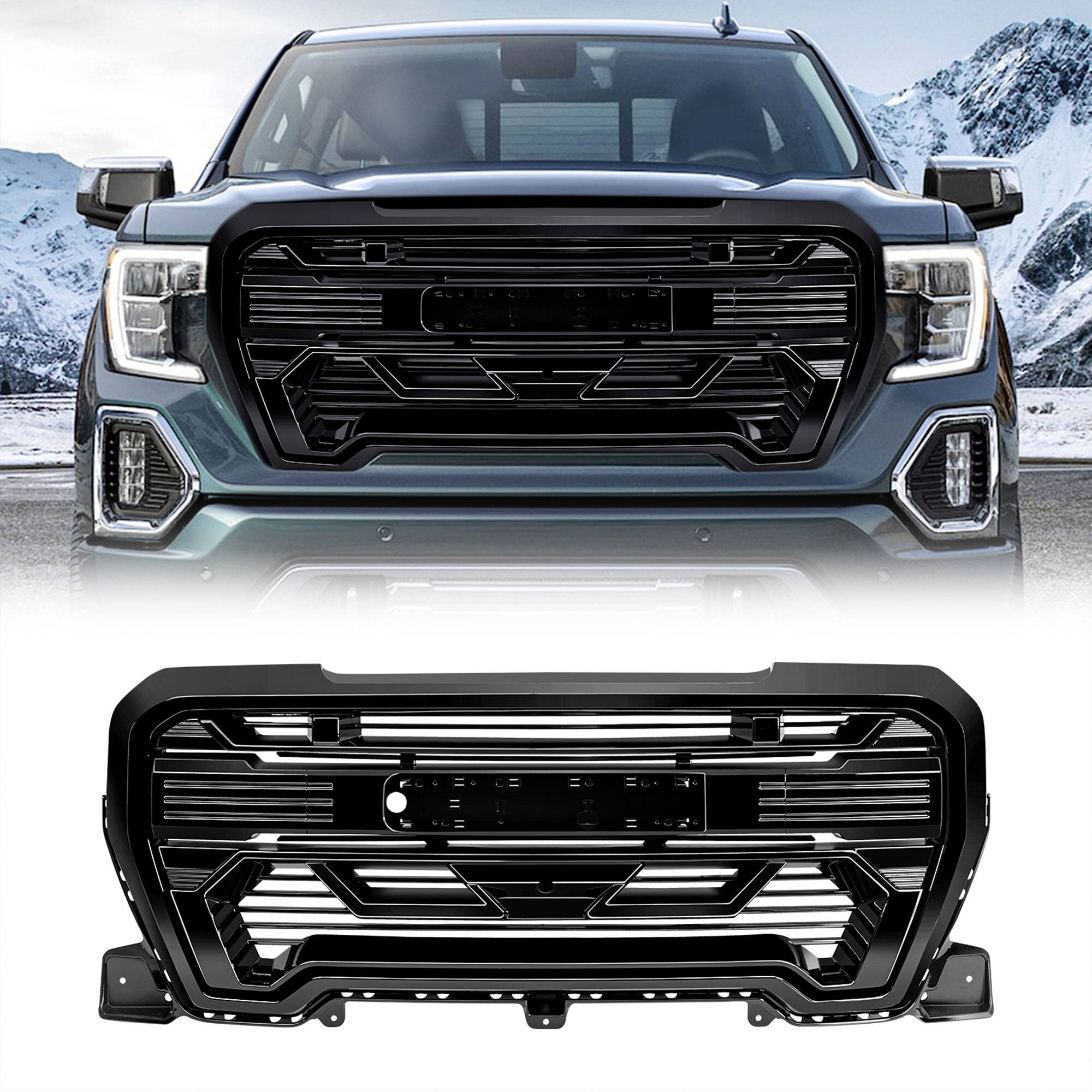 Front. AMERICAN MODIFIED - AMERICAN MODIFIED Grille w/Emblem Base, 2019-2021 GMC Sierra 1500, Glossy Black - Glossy Black.