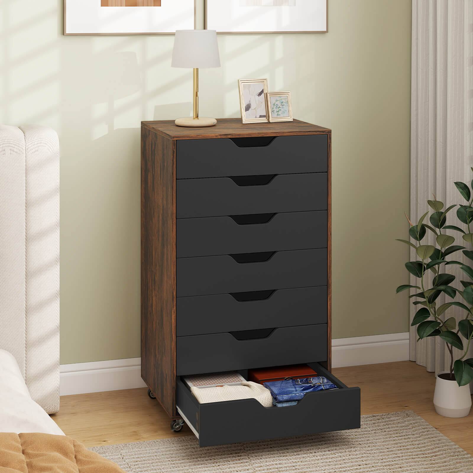 Alt View 1. Costway - Costway 7-Drawer Chest Mobile File Cabinet Vertical Filing Organizer with Lockable Wheels - Brown.