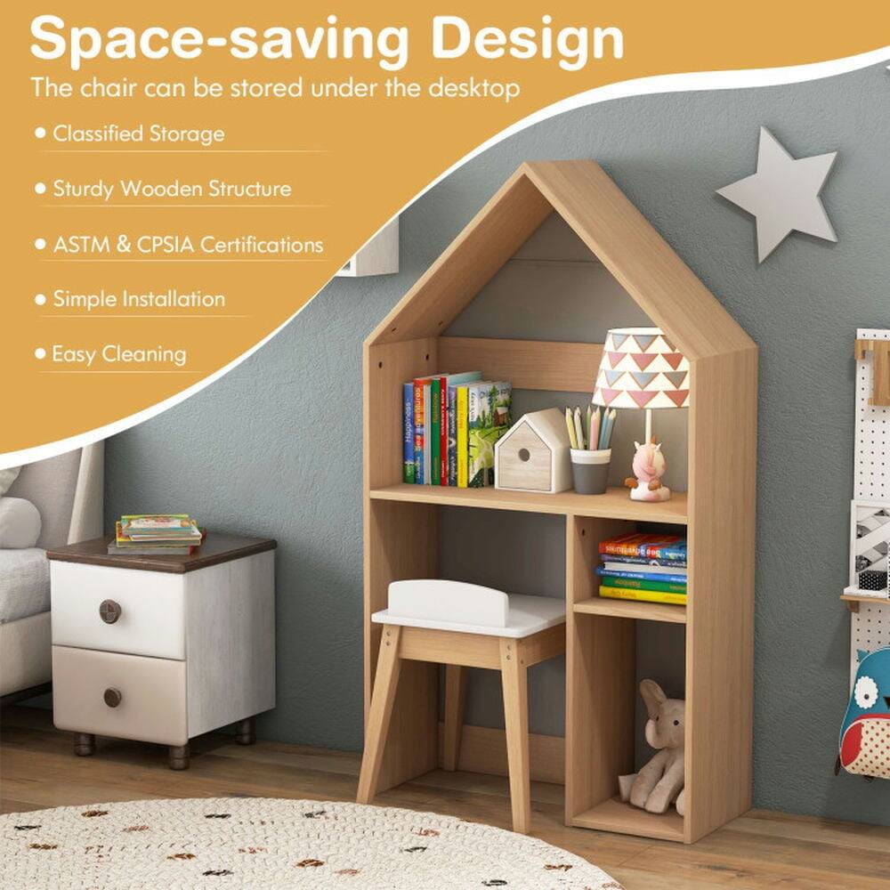 Space-saving Design  
The chair can be stored under the desktop  
- Classified Storage  
- Sturdy Wooden Structure  
- ASTM & CPSIA Certifications  
- Simple Installation  
- Easy Cleaning