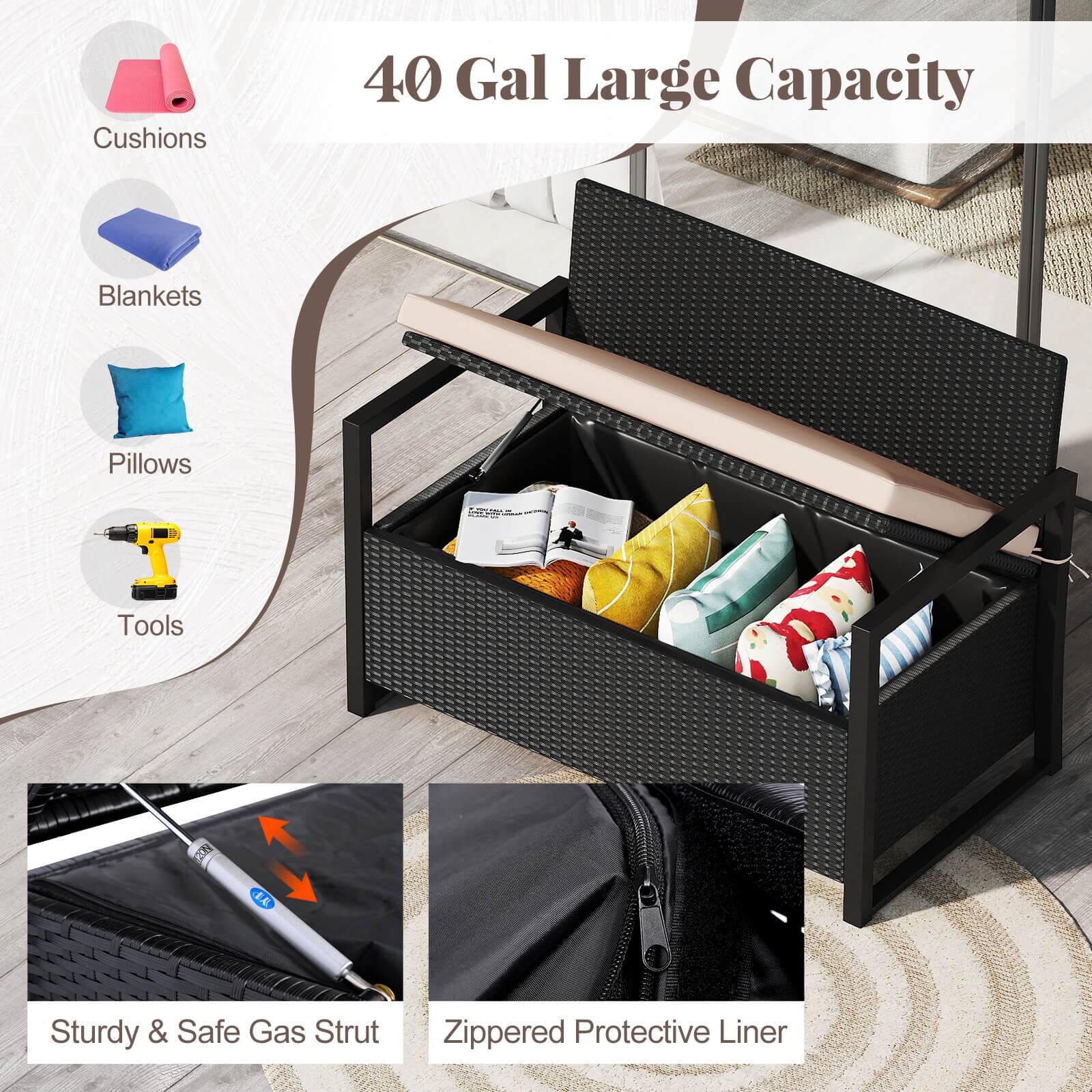 40 Gal Large Capacity

- Cushions
- Blankets
- Pillows
- Tools

E4 Sturdy & Safe Gas Strut
Zippered Protective Liner