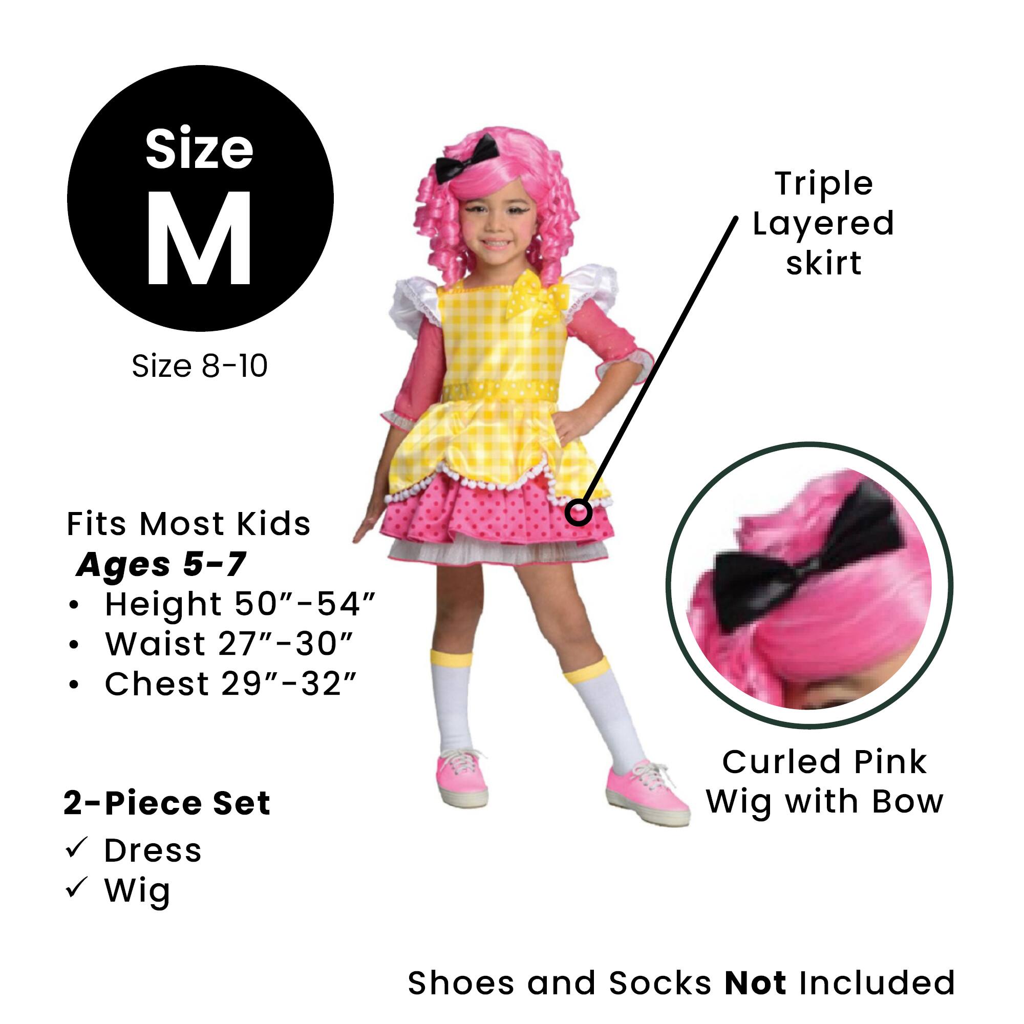 Size M  
Size 8-10  

Fits Most Kids  
Ages 5-7  
- Height 50"-54"  
- Waist 27"-30"  
- Chest 29"-32"  

2-Piece Set  
- Dress  
- Wig  

Triple Layered Skirt  

Curled Pink Wig with Bow  

Shoes and Socks Not Included