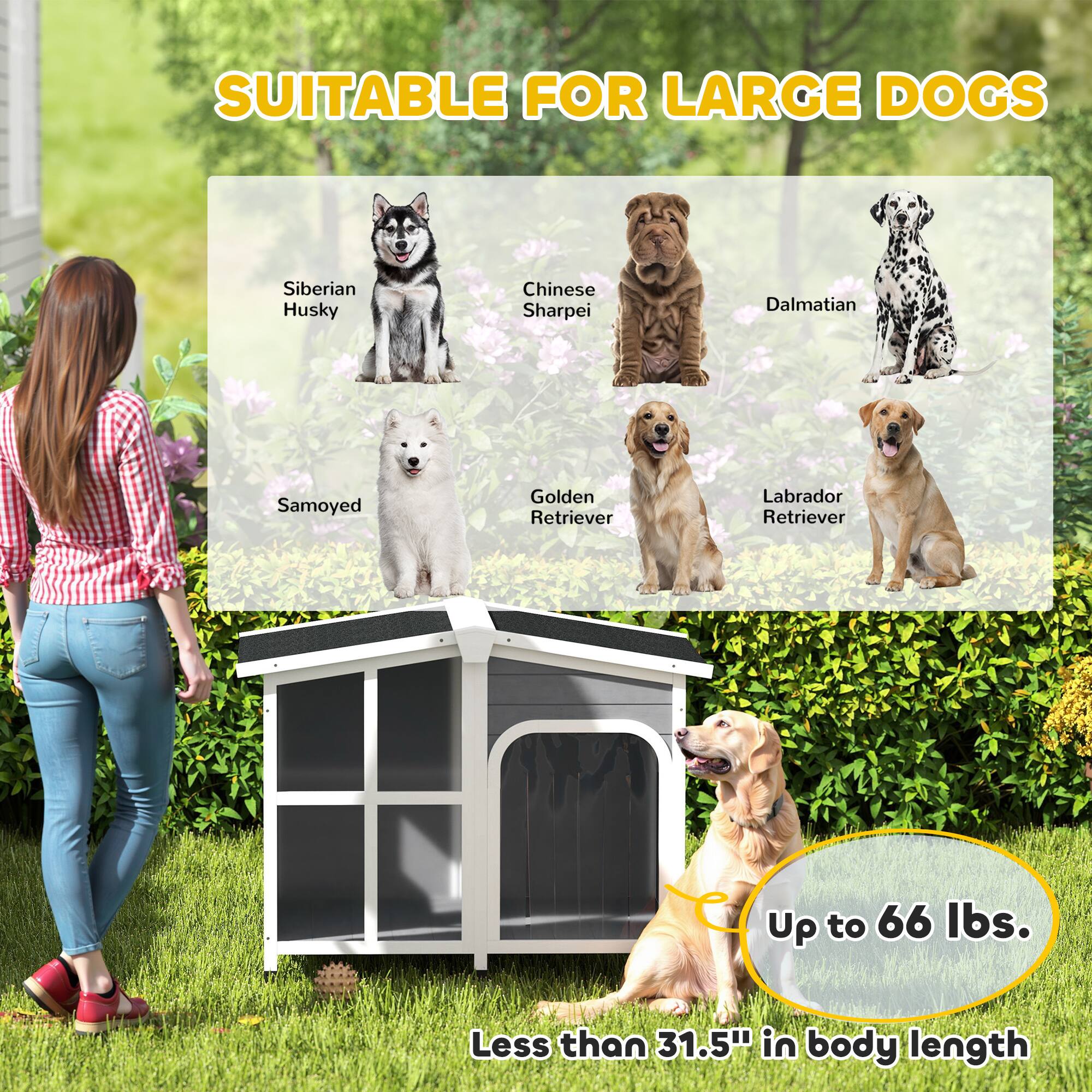 SUITABLE FOR LARGE DOGS

- Siberian Husky
- Chinese Sharpei
- Dalmatian
- Samoyed
- Golden Retriever
- Labrador Retriever

Up to 66 lbs.
Less than 31.5" in body length