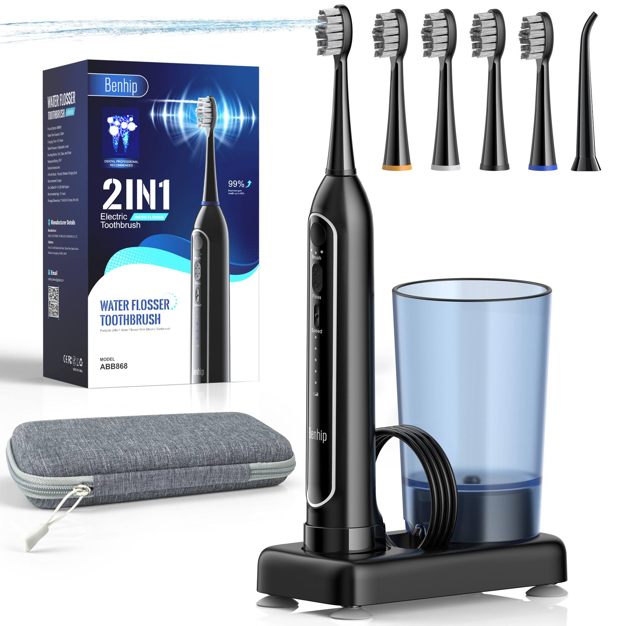 Teendow - Electric Toothbrush & Water Flosser Combo – Cordless, 5 Brush Heads, 5 Speeds, 3 Modes,Rechargeable, 17 oz Tank - Black