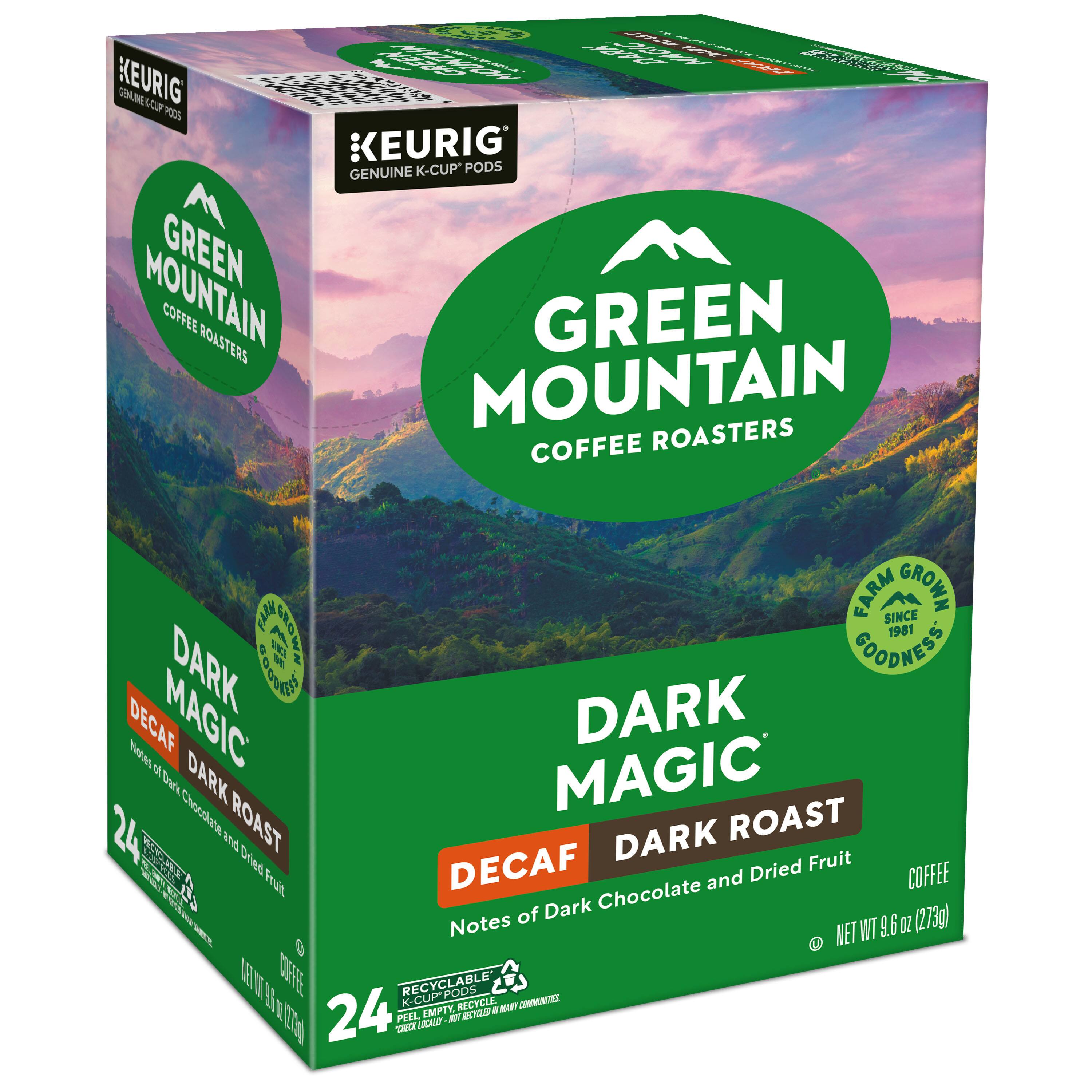 L SUN  
KEURIG COTA  
H GP IUUM FOOS  
KEURIG GENUINE K-CUP PODS  
GREEN MOUNTAIN COFFEE ROASTERS  
GREEN MOUNTAIN COFFEE ROASTERS  
FALE FARM SINCE GROWN GROWN 1981  
V COODNESS MAGIC DARK ENDOD DARK DECAF  
Nes  
DARK MAGIC Dare  
24 Ohocskata ROAST ROAST  
bs Dried DARK Fruit 1 Fruit DECAF and Dried COFFEE  
EES Dark Chocolate Notes of  
9.6 OZ (273g) - NET WT  
g e E F1 DOFE RECYCLABLE - CUPPODS PODS RECYCLE.  
EMT CMMUNSE  
24 PEEL EMPTY, - BCCA w10 TMC NCKUT