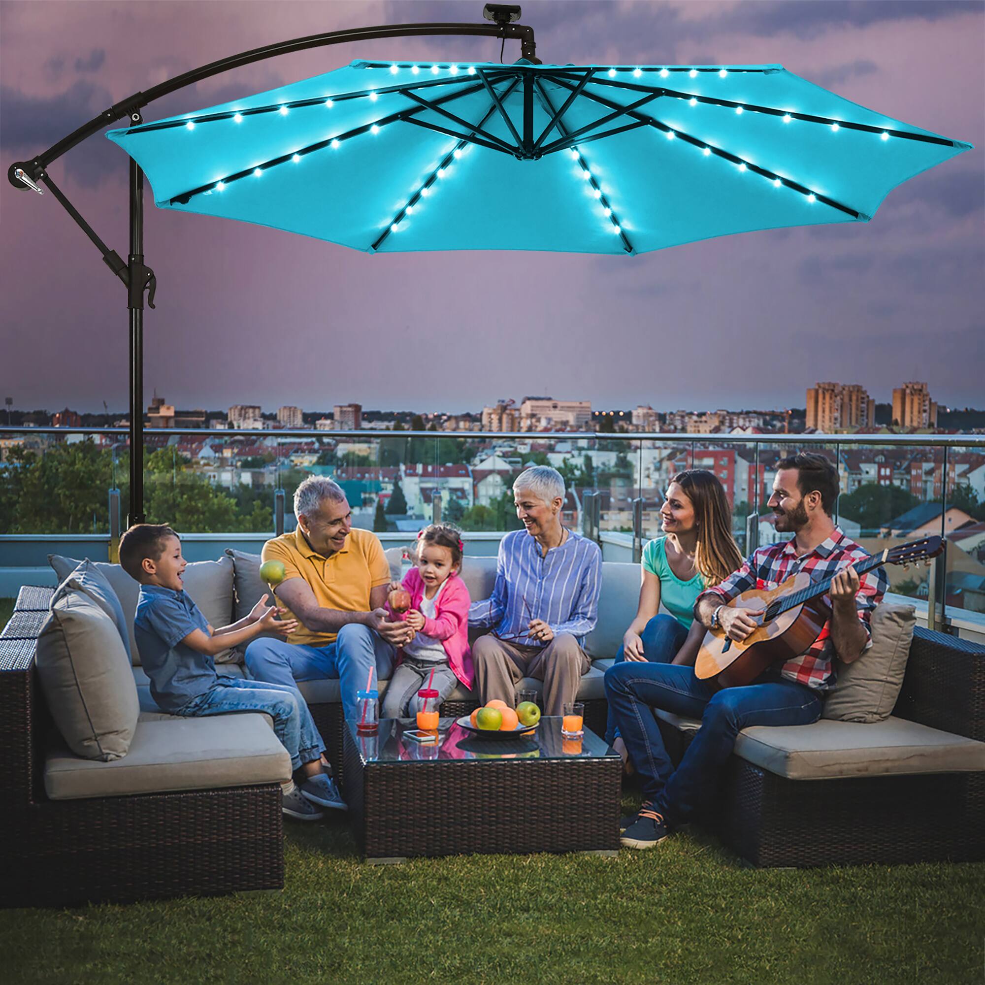 Alt View 2. Costway - 10 Ft Patio Solar LED Offset Umbrella 40 Lights Crank Cross Base - Turquoise.