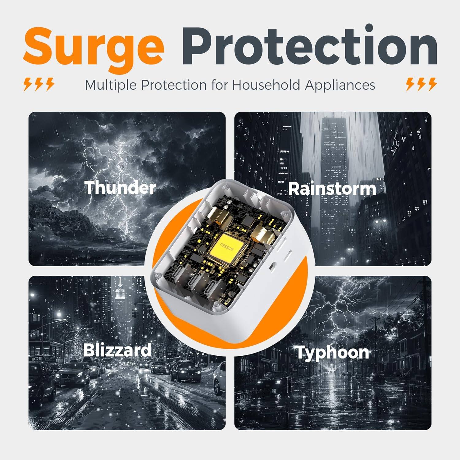 Surge Protection  
Multiple Protection for Household Appliances  

Thunder  
Rainstorm  
Blizzard  
Typhoon