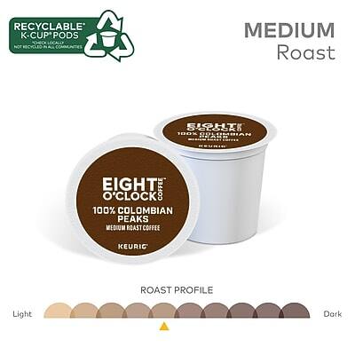 RECYCLABLE K-CUP PODS  
NOT RECYCLED IN ALL COMMUNITIES  

MEDIUM Roast  

EIGHT O'CLOCK  
100% COLOMBIAN PEAKS  
MEDIUM ROAST COFFEE  
KEURIG®  

ROAST PROFILE  
Light  
Dark