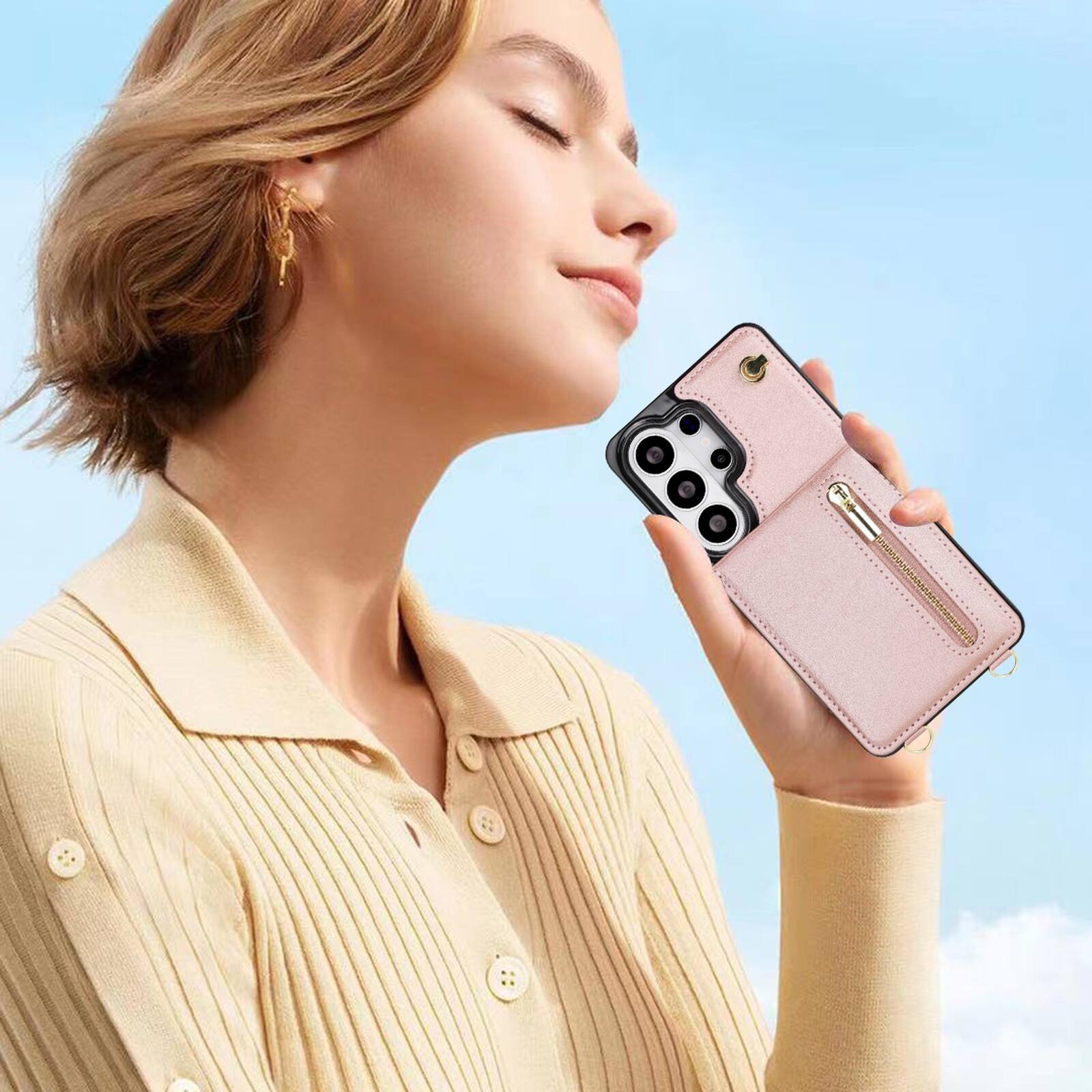 Alt View 4. Dteck - Wallet Case for Samsung Galaxy S26 Ultra PU Leather Zipper Flip Cover with Crossbody Strap & Kickstand - Rosegold.