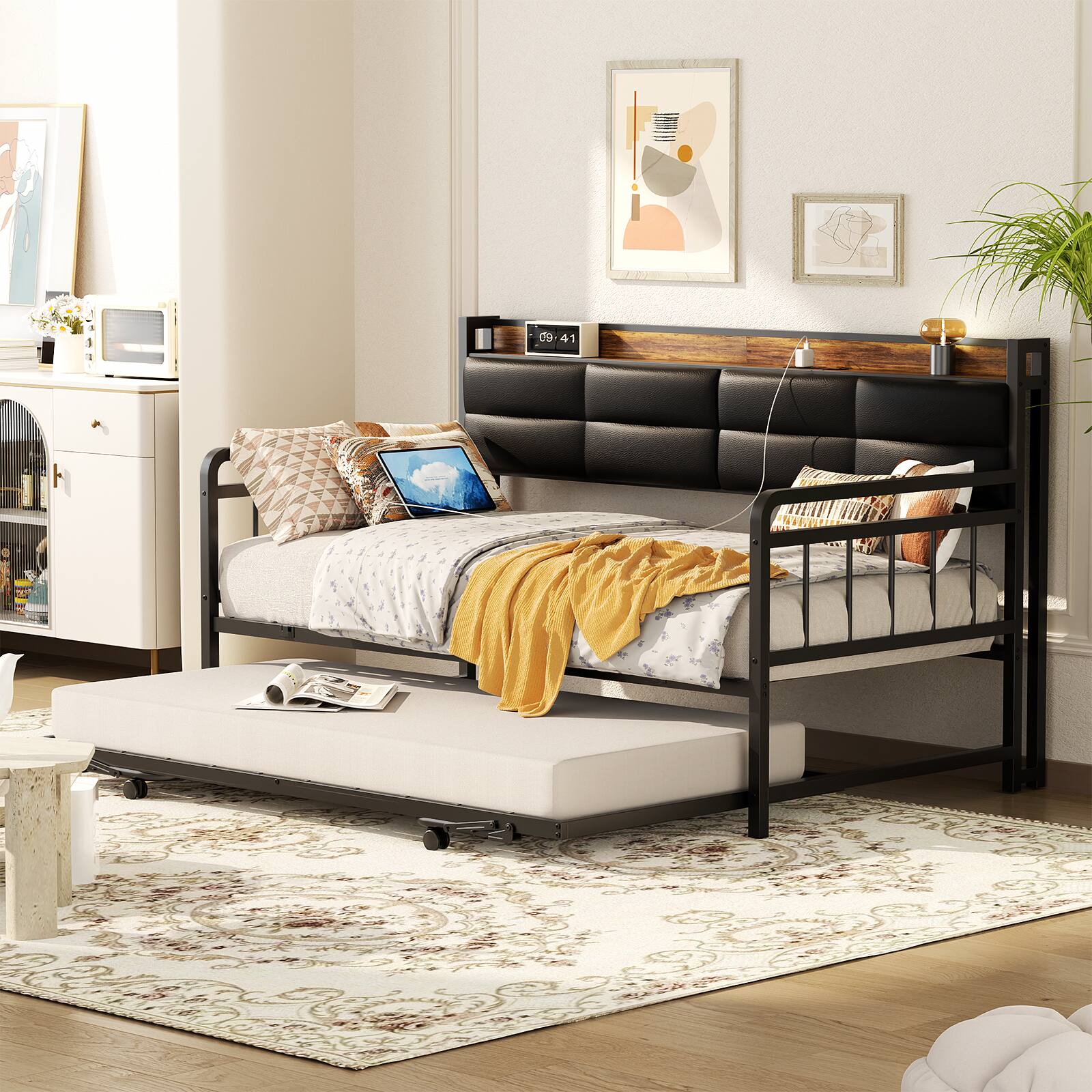 Alt View 3. Aheaplus - Twin Daybed with Trundle, Day Bed with Upholstered Headboard and Power Outlets - Brown.