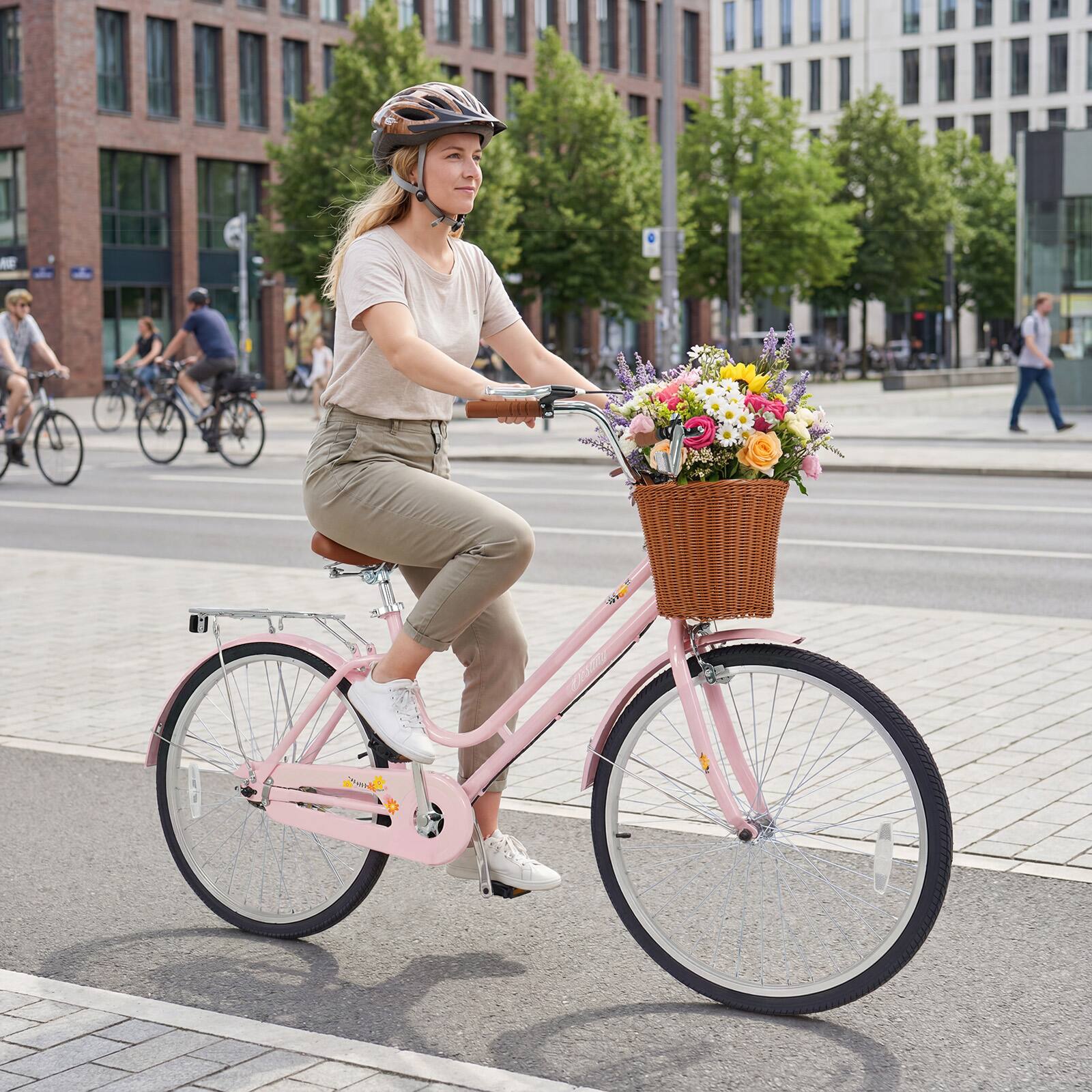 Alt View 3. Gymax - Gymax 26-Inch Beach Cruiser Bike w/Adjustable Seat Woven Basket & Rear Rack Pink - Pink.