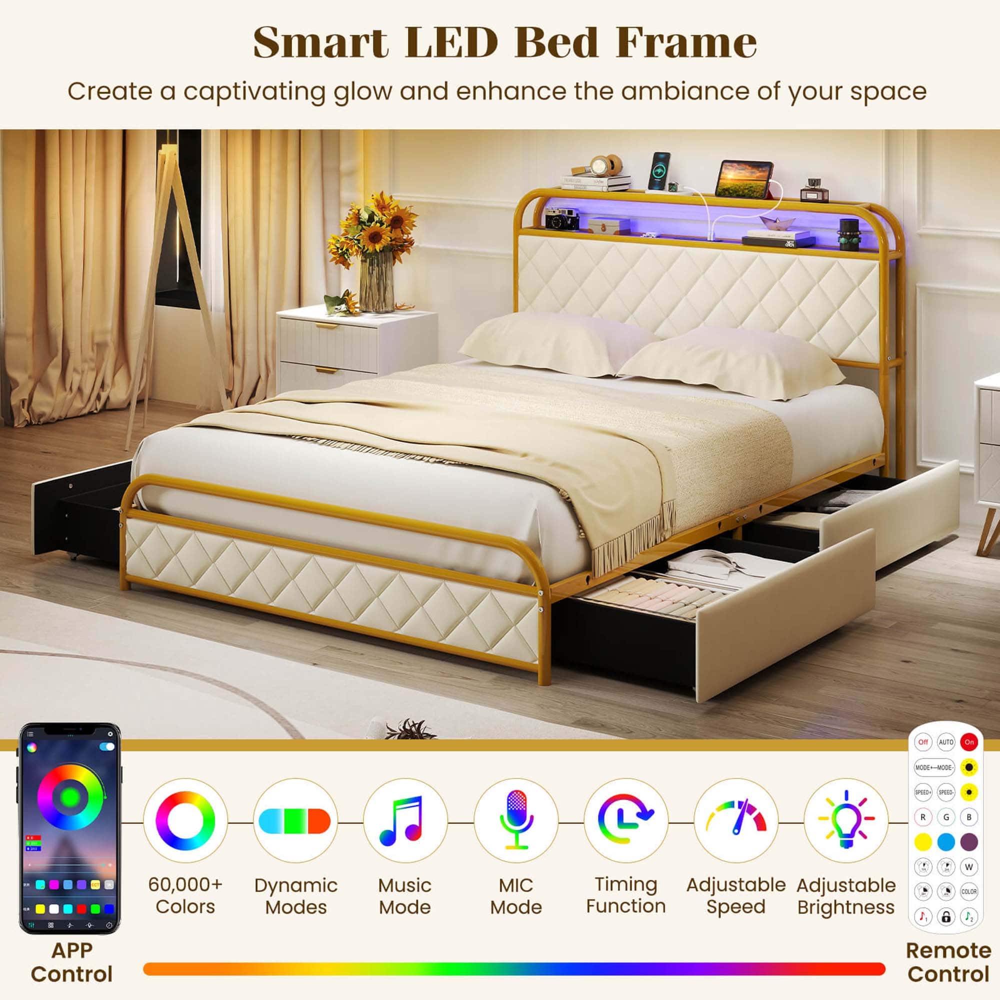 The text on the image is grouped and corrected as follows:
Smart LED Bed Frame: Create a captivating glow and enhance the ambiance of your space.
Features:
- 60,000+ Dynamic Colors Modes
- Music Mode
- MIC Mode
- Timing Adjustable
- Adjustable Function Speed
- Brightness Control
- Remote Control
- APP Control
- Remote Control
This advertisement showcases the features of a smart LED bed frame, which can create a captivating glow and enhance the ambiance of your space. The bed frame offers various modes, including music and MIC modes, and allows for adjustable timing, function speed, and brightness control. Additionally, the bed frame can be controlled using a remote or through a smartphone app.
