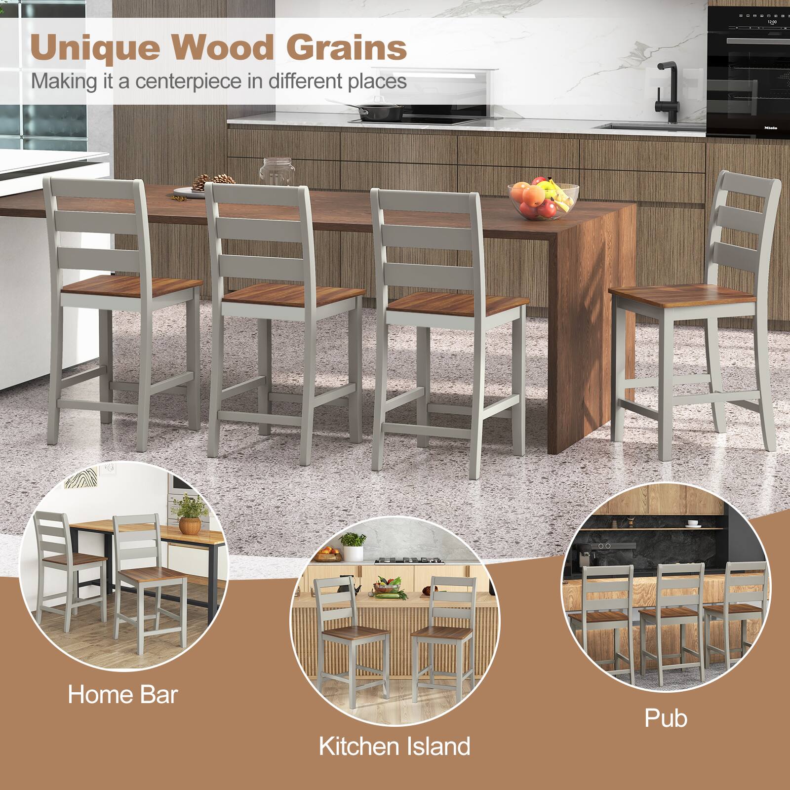 Unique Wood Grains  
Making it a centerpiece in different places  

Home Bar  
Kitchen Island  
Pub