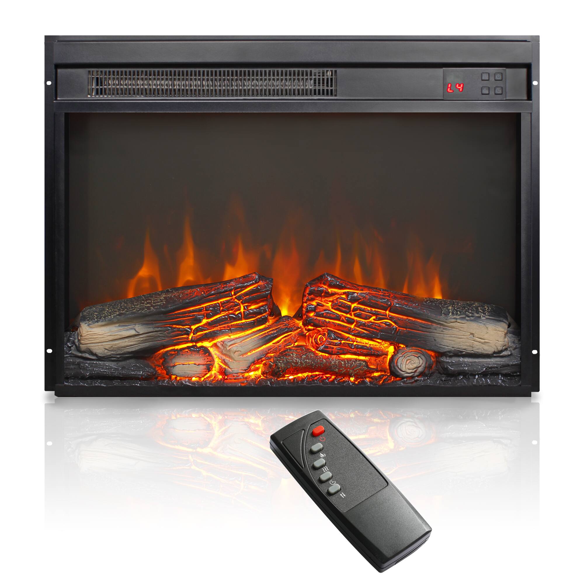 Angle. GOODSILO - 23"" Electric Fireplace Insert - Ultra Thin Heater, Realistic Flame & Log Set, Remote, Timer, Overheat Protection - Antique Black.