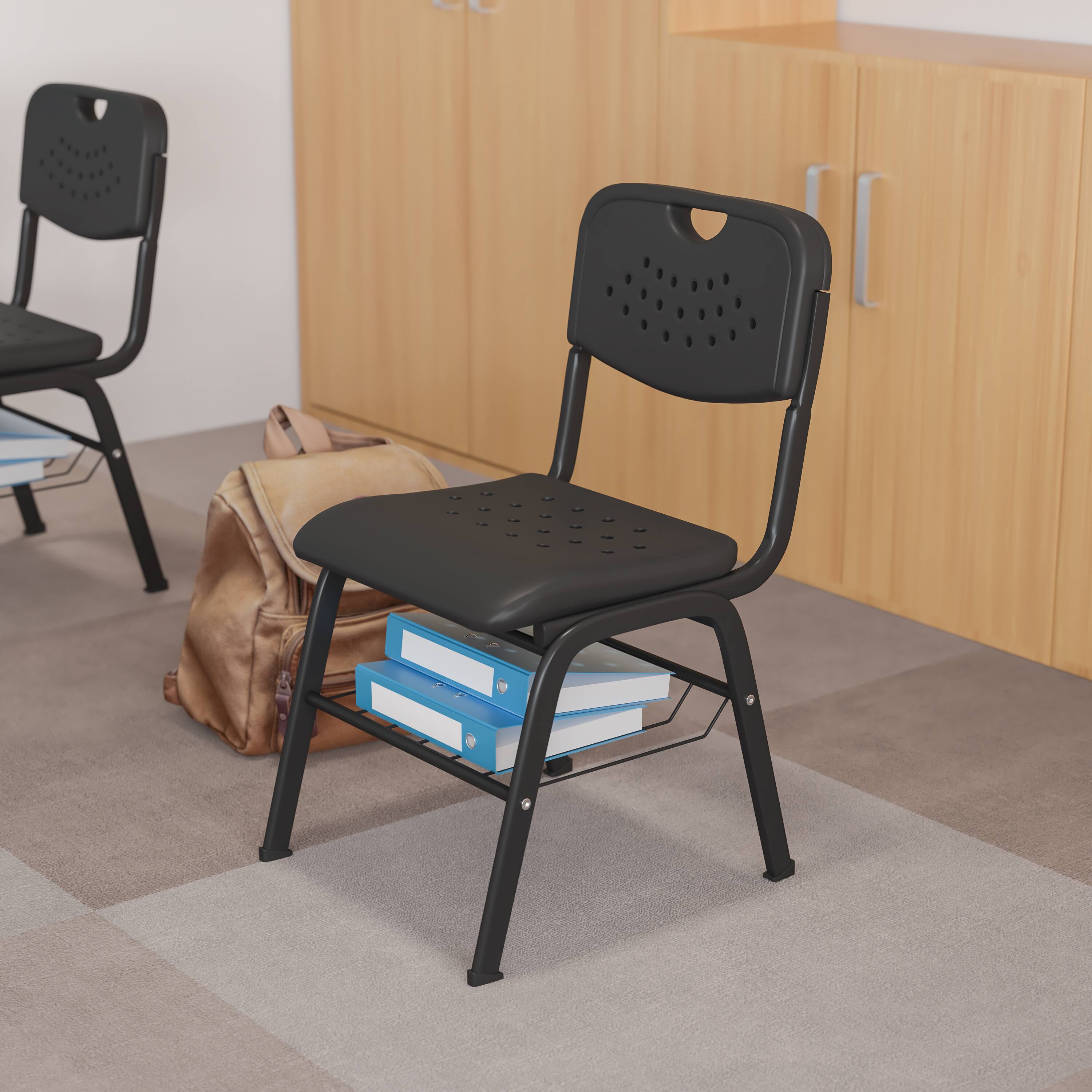 Alt View 1. Emma + Oliver - 880 lb. Capacity Plastic Chair with Book Basket - Black.
