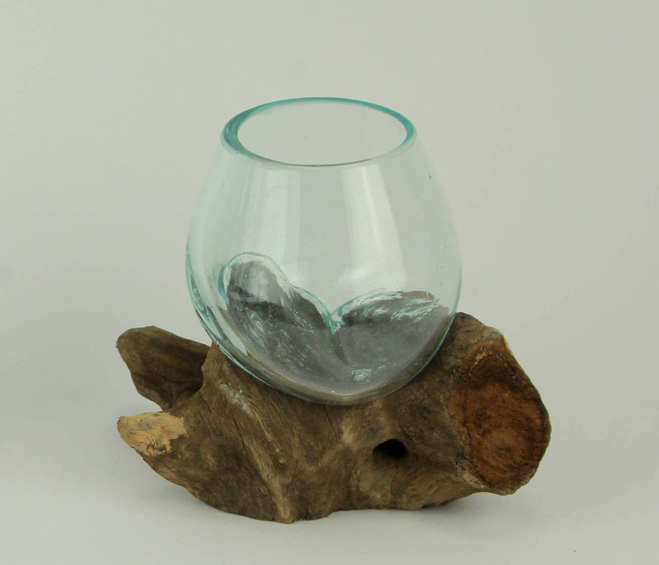 Alt View 2. Zeckos - Molten Glass on Teak Driftwood Decorative Sculptural Bowl, Vase, and Terrarium Planter - Approximately 5 Inches High - Brown.