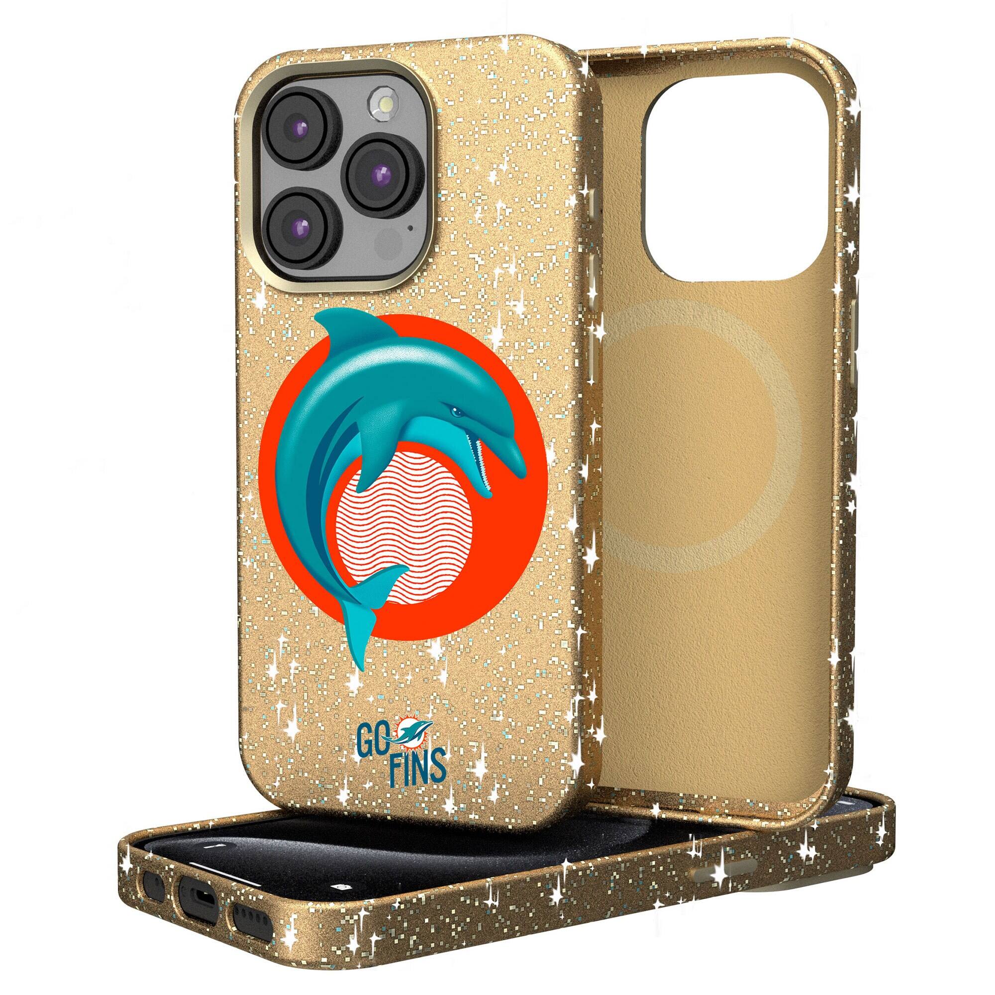 Front. Keyscaper - Gold Miami Dolphins 2024 Illustrated Limited Edition Bling iPhone Case - 14 - Gold.