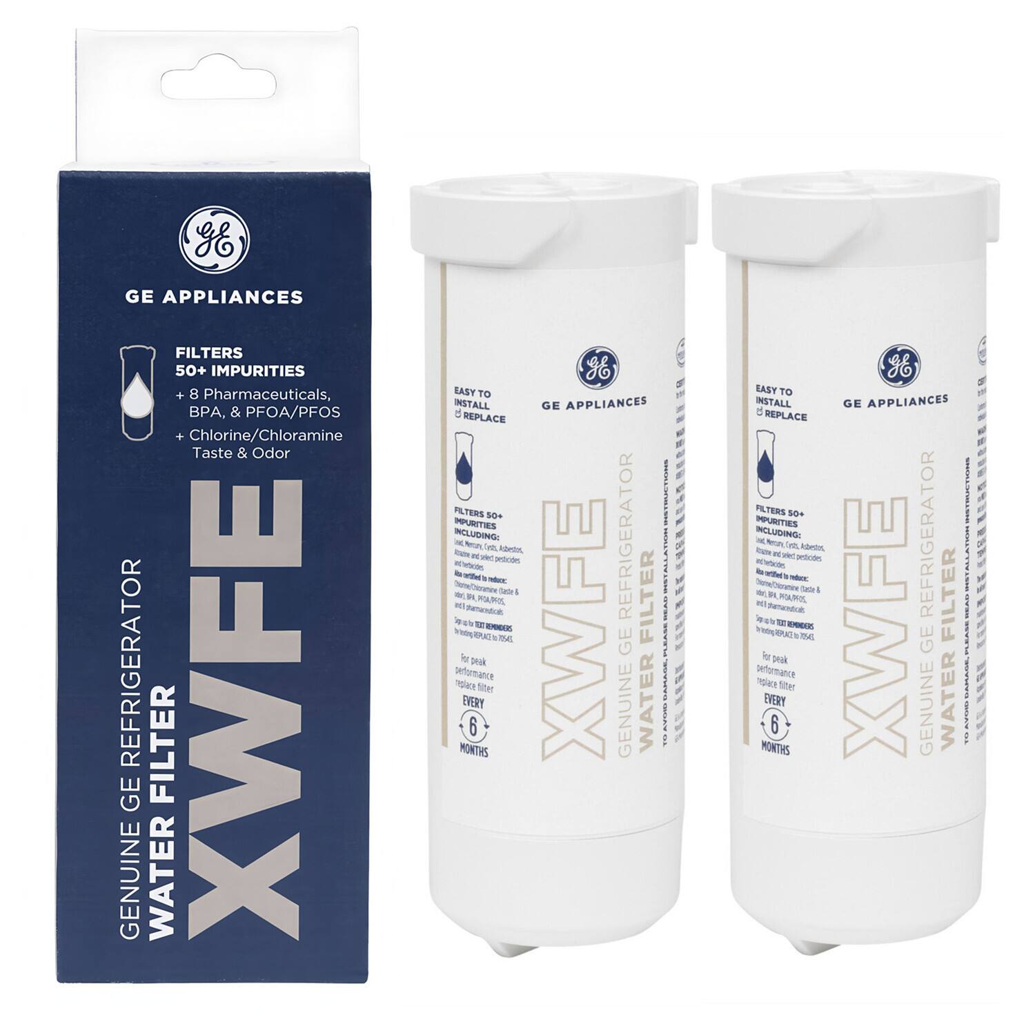 GE APPLIANCES  
FILTERS 50+ IMPURITIES  
+ 8 Pharmaceuticals, BPA, & PFOA/PFOS  
+ Chlorine/Chloramine Taste & Odor  

GENUINE WATER FILTER  
XWFE  

EASY TO INSTALL  
REPLACE FILTER EVERY 6 MONTHS  

FILTERS 50+ IMPURITIES  
INCLUDING:  
- Pharmaceuticals  
- BPA  
- PFOA/PFOS  
- Chlorine/Chloramine  
- Taste & Odor  
- Mercury  
- Lead  
- Arsenic  
- Asbestos  
- Cysts  
- Sediment  
- Bad Taste & Odor  

FOR PEAK PERFORMANCE:  
REPLACE FILTER EVERY 6 MONTHS  

GE APPLIANCES  
FILTERS 50+ IMPURITIES  
+ 8 Pharmaceuticals, BPA, & PFOA/PFOS  
+ Chlorine/Chloramine Taste & Odor  

GENUINE WATER FILTER  
XWFE  

EASY TO INSTALL  
REPLACE FILTER EVERY 6 MONTHS  

FILTERS 50+ IMPURITIES  
INCLUDING:  
- Pharmaceuticals  
- BPA  
- PFOA/PFOS  
- Chlorine/Ch