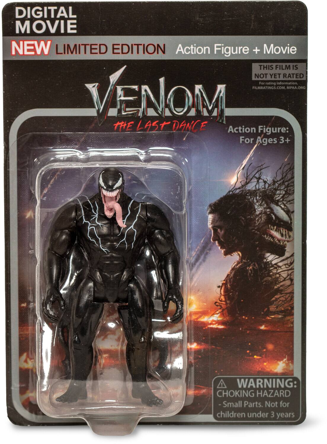 DIGITAL MOVIE  
NEW LIMITED EDITION  
Action Figure + Movie  

VENOM  
THE LAST DANCE  

Action Figure:  
For Ages 3+  

WARNING:  
CHOKING HAZARD - Small Parts. Not for children under 3 years  

THIS FILM IS NOT YET RATED  
For rating information.  
FILMRATINGS.COM, MPAA.ORG