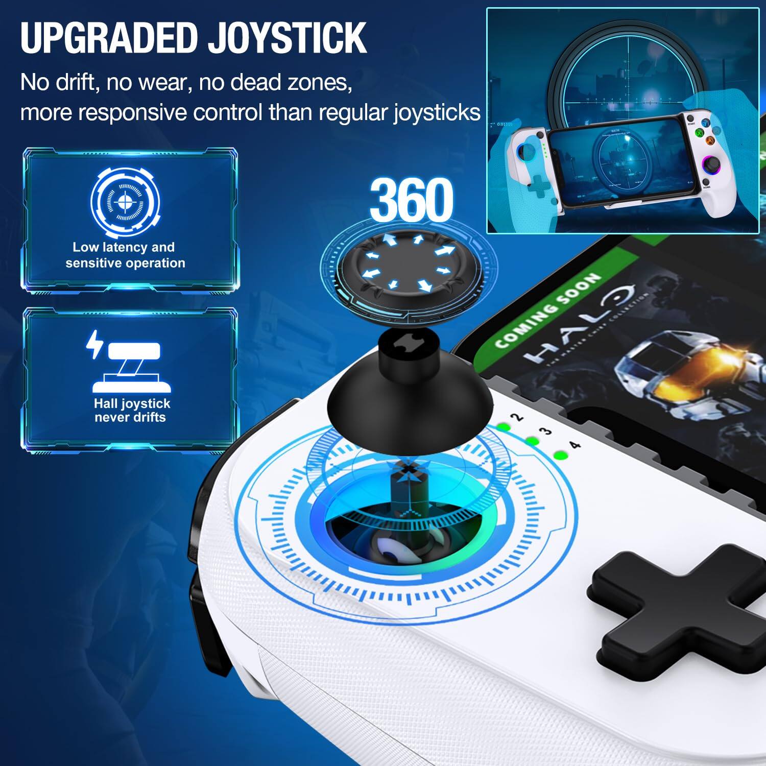 UPGRADED JOYSTICK  
No drift, no wear, no dead zones, more responsive control than regular joysticks  

360  

Low latency and sensitive operation  
Hall joystick never drifts  

COMING SOON  
HALO INFINITE