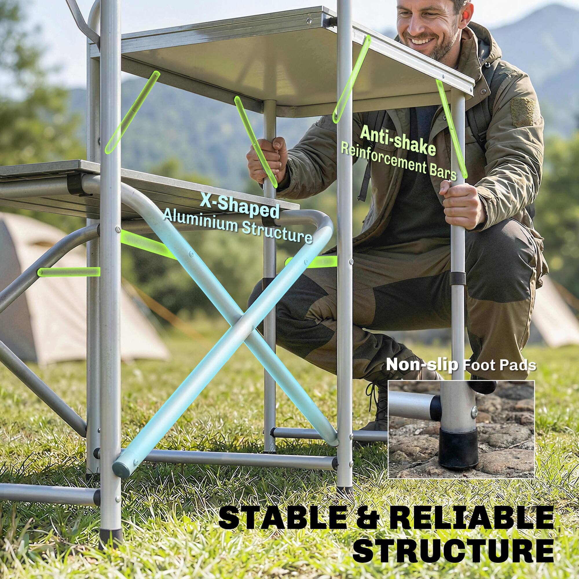 Reinforcement Anti-shake Bars  
Aluminium X-Shaped Structure  
Non-slip Foot Pads  
STABLE & RELIABLE STRUCTURE