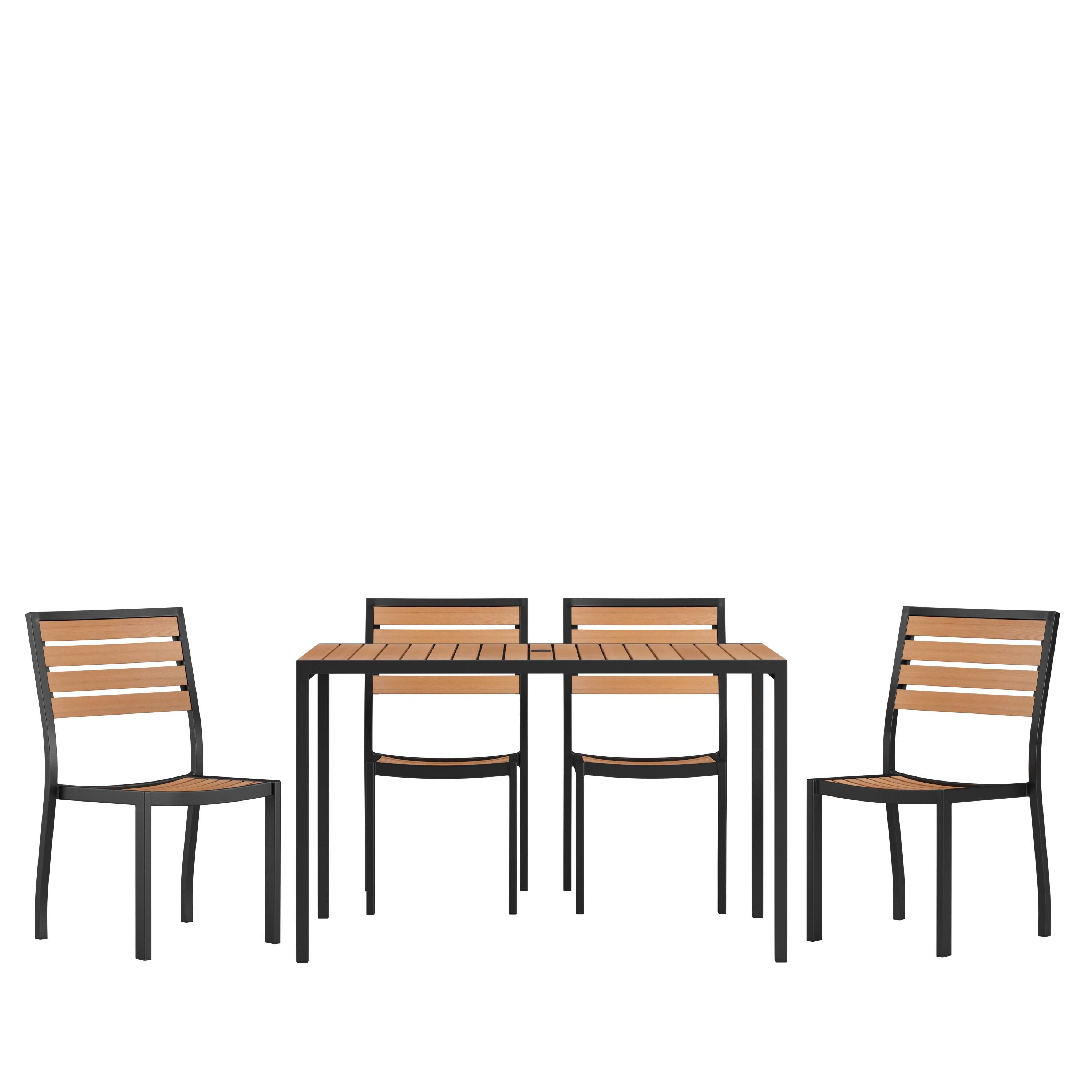 Emma + Oliver - 5 Piece Outdoor Patio Dining Table Set with Faux Table and Stackable Chairs with Accented Arms - Teak
