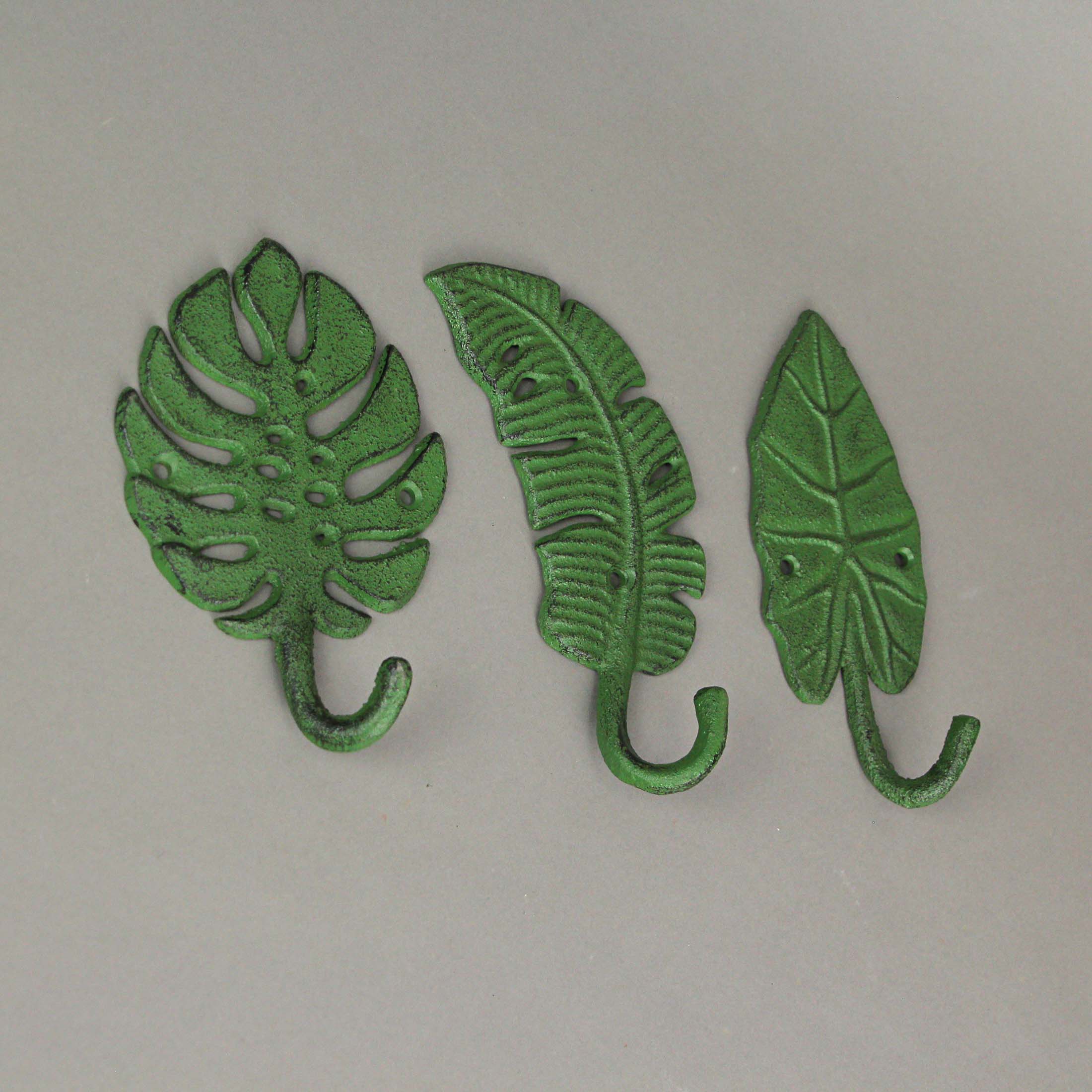 Alt View 4. Zeckos - Set of 3 Cast Iron Green Tropical Leaf Decorative Wall Hooks Towel Hanger Rack - Green.